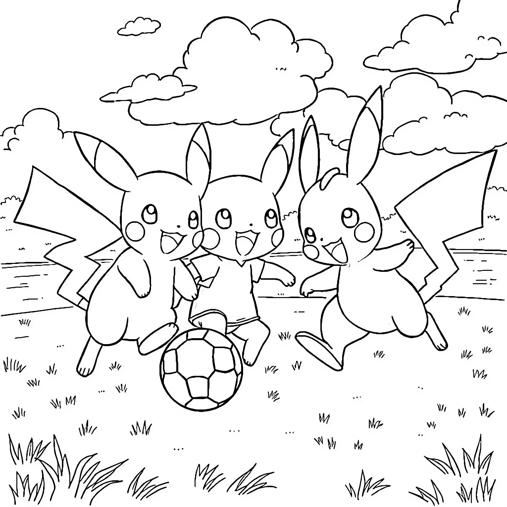 Pokémon characters playing with a soccer ball in a grassy field Coloring Page (free black-and-white line drawing printable PDF for all, from beginners to advanced learners, including children, teens, adults, and seniors)