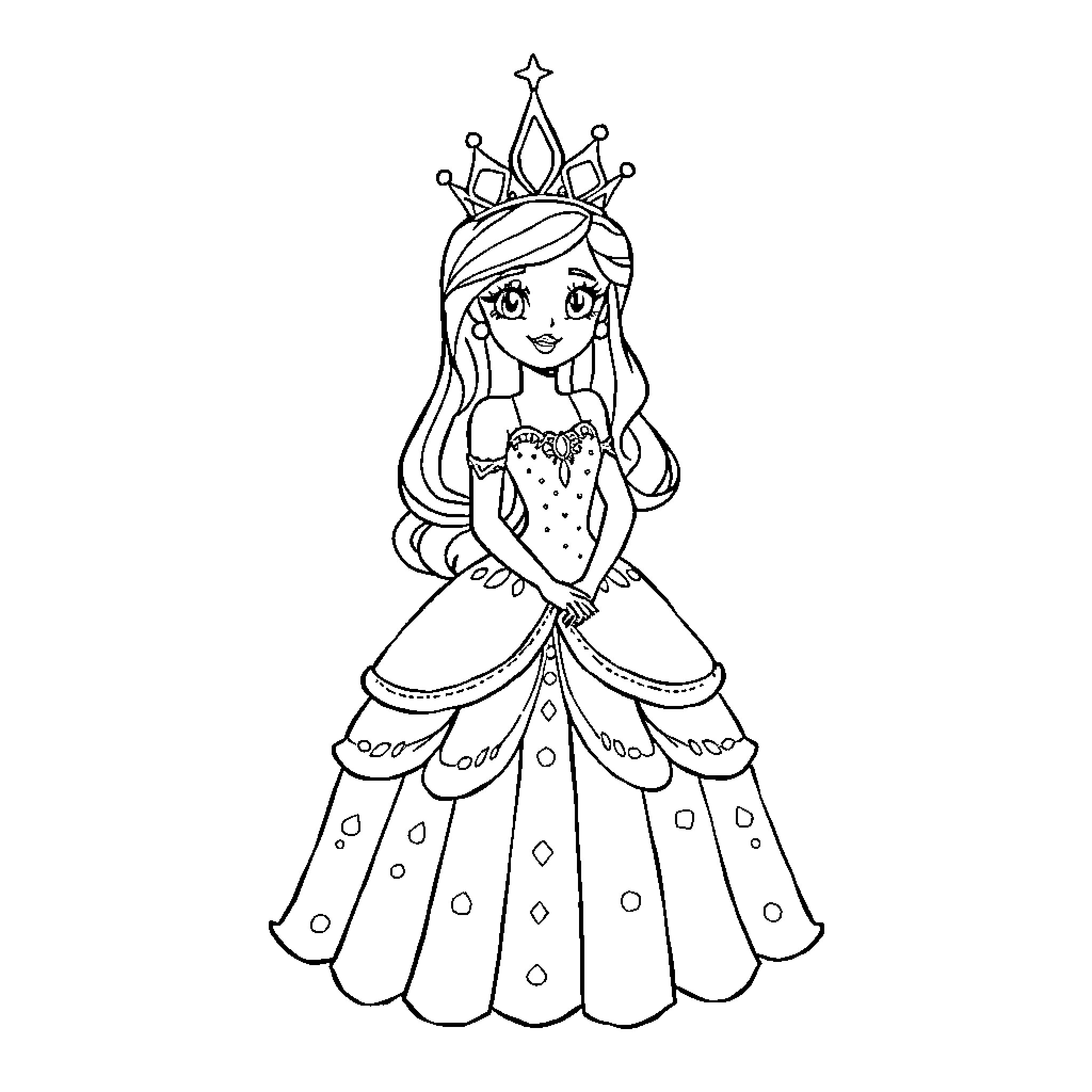 Princess in Elegant Gown with Jeweled Crown Coloring Page (free black-and-white line drawing printable PDF for all, from beginners to advanced learners, including children, teens, adults, and seniors)