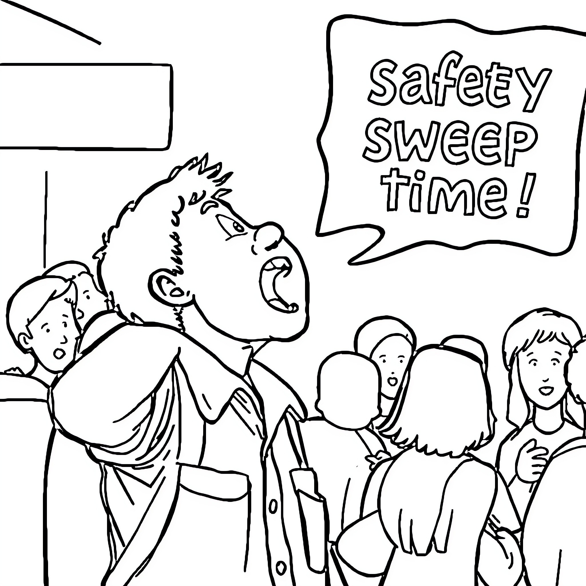 Person alerting others about safety sweep time Coloring Page (free black-and-white line drawing printable PDF for all, from beginners to advanced learners, including children, teens, adults, and seniors)
