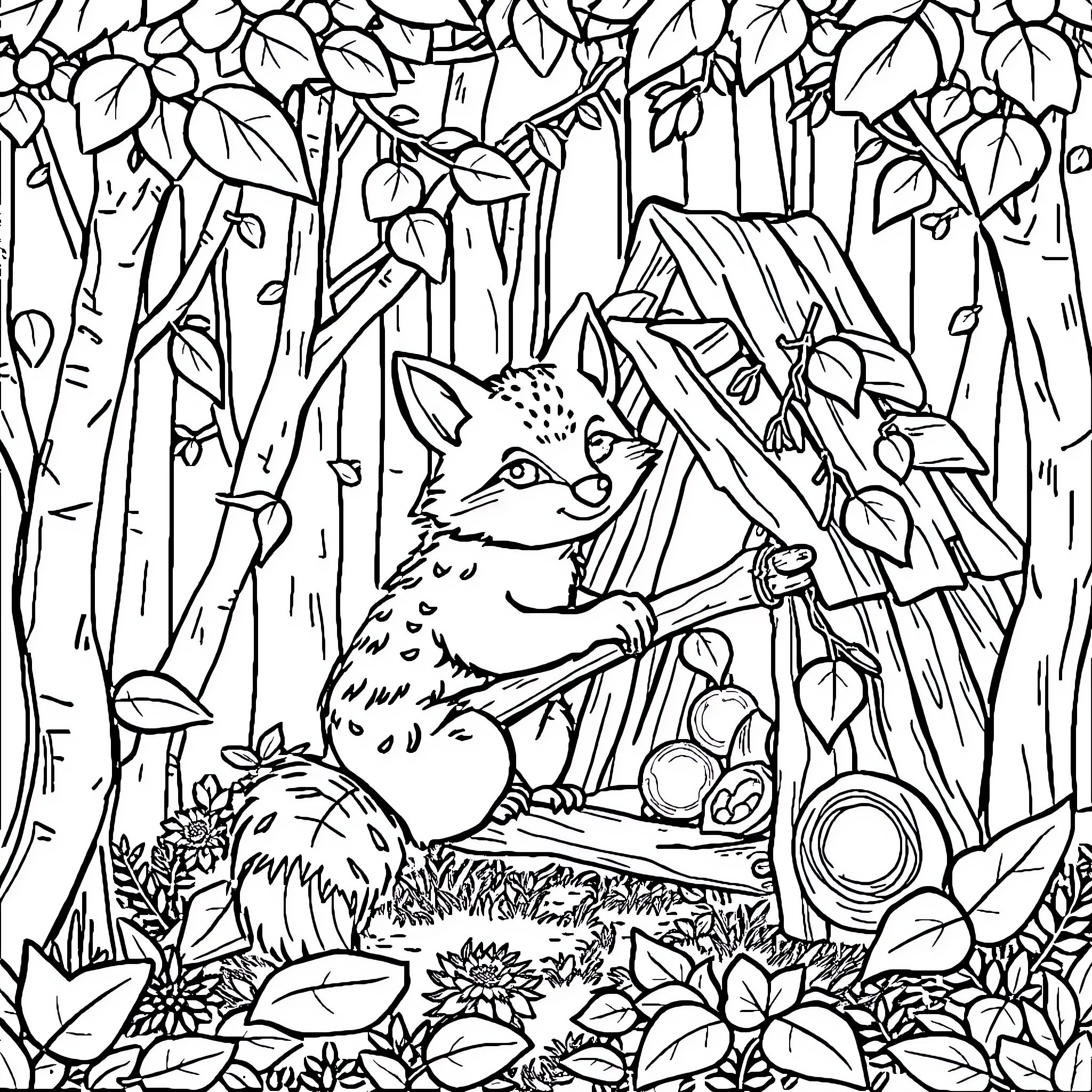 Wolf exploring the enchanted forest Coloring Page (free black-and-white line drawing printable PDF for all, from beginners to advanced learners, including children, teens, adults, and seniors)