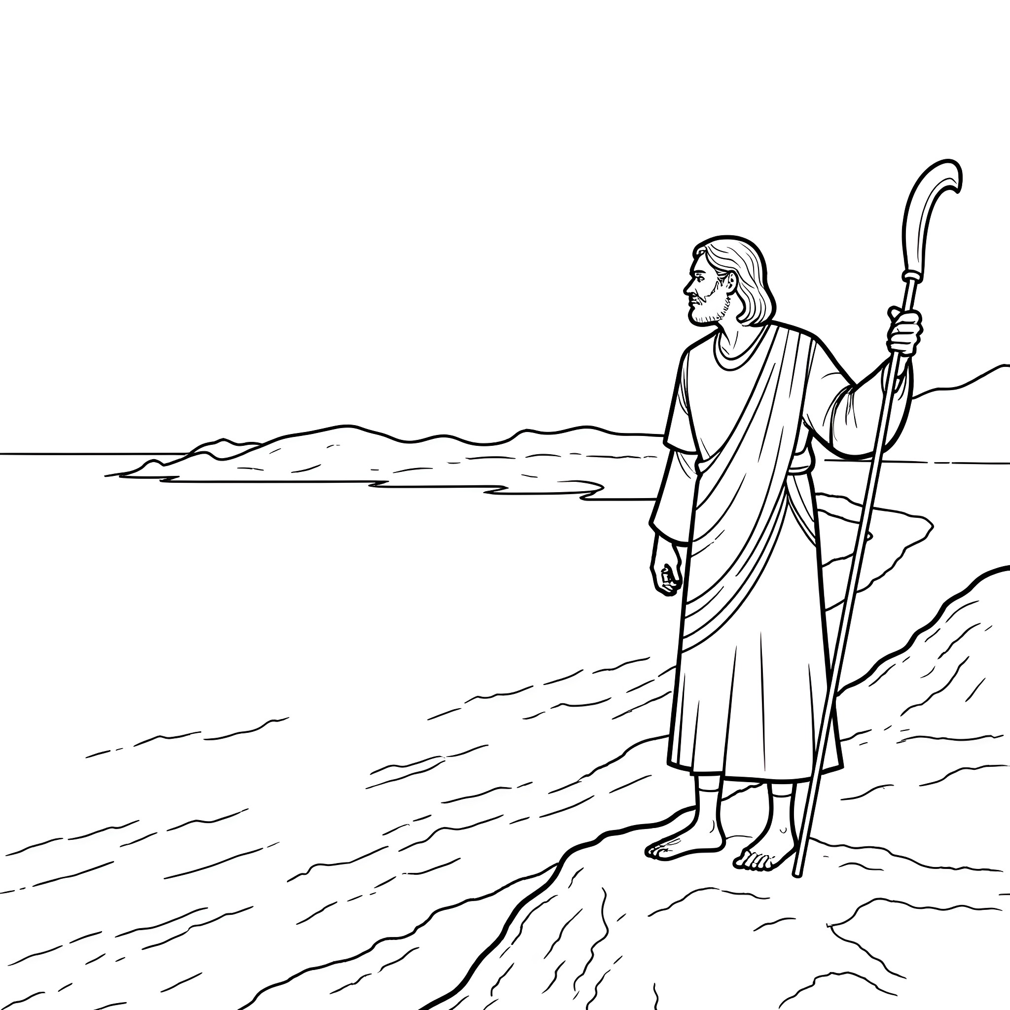 Moses Leading the Israelites across the Parted Sea Coloring Page (free black-and-white line drawing printable PDF for all, from beginners to advanced learners, including children, teens, adults, and seniors)