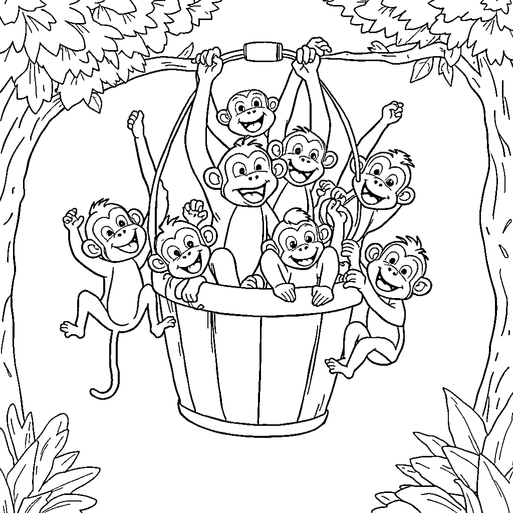 Monkey family having fun in the forest Coloring Page (free black-and-white line drawing printable PDF for all, from beginners to advanced learners, including children, teens, adults, and seniors)