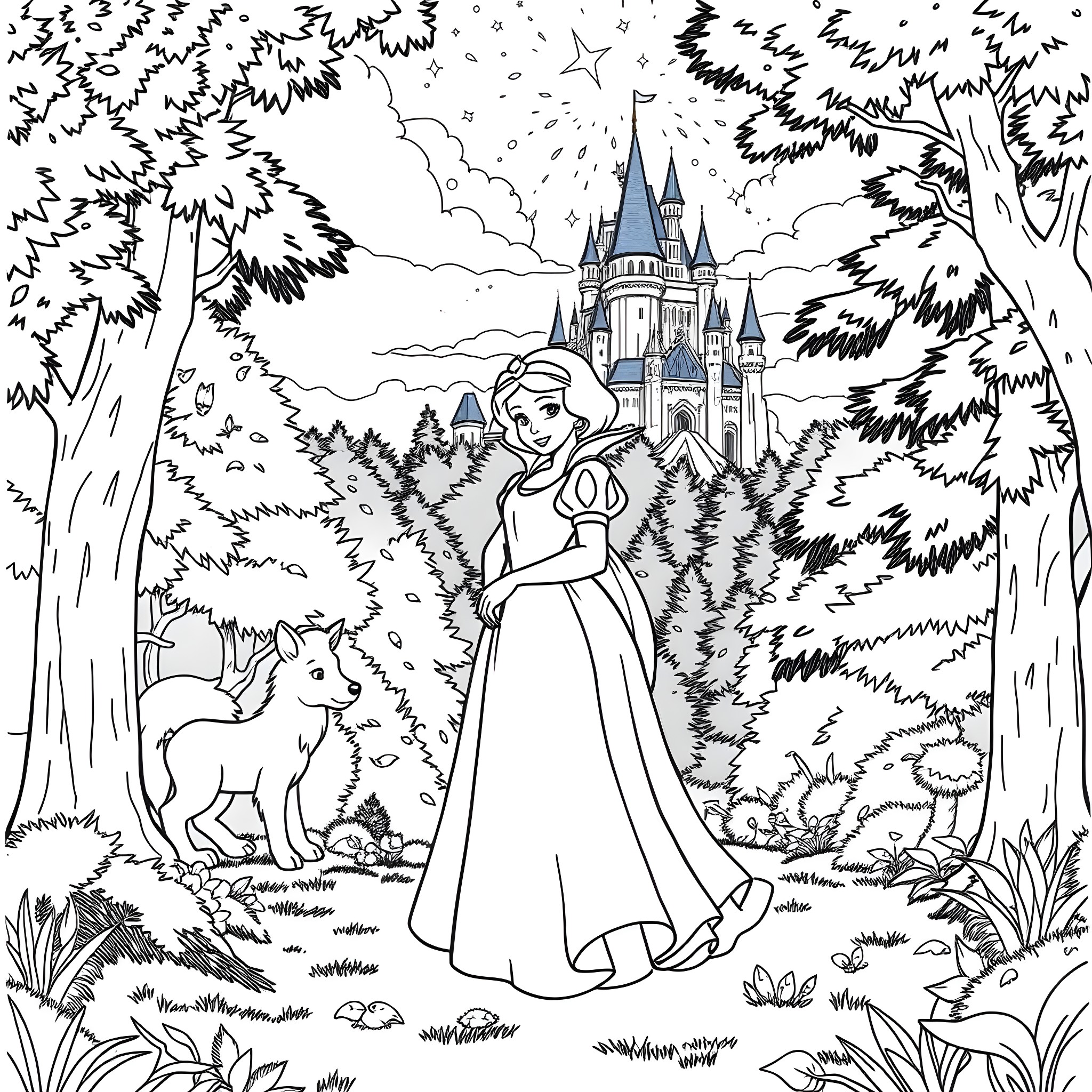 Snow White in a magical forest with a castle Coloring Page (free black-and-white line drawing printable PDF for all, from beginners to advanced learners, including children, teens, adults, and seniors)