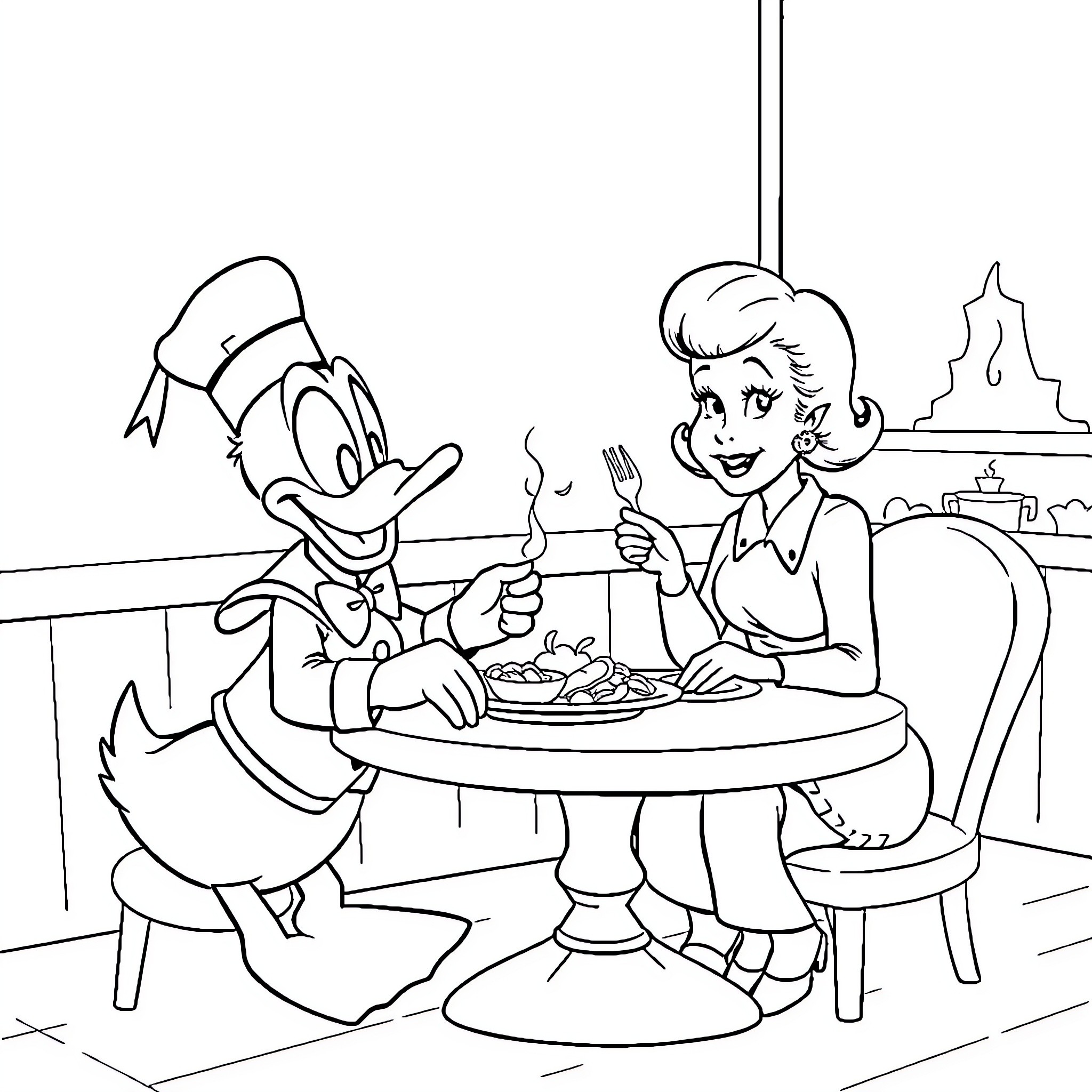 Donald Duck enjoying a meal with a friend Coloring Page (free black-and-white line drawing printable PDF for all, from beginners to advanced learners, including children, teens, adults, and seniors)