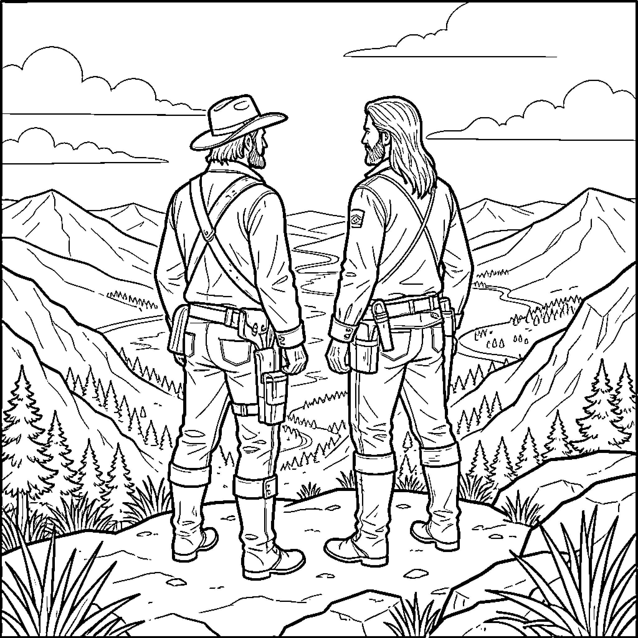 Arthur Morgan and companion overlooking a vast mountain landscape Coloring Page (free black-and-white line drawing printable PDF for all, from beginners to advanced learners, including children, teens, adults, and seniors)