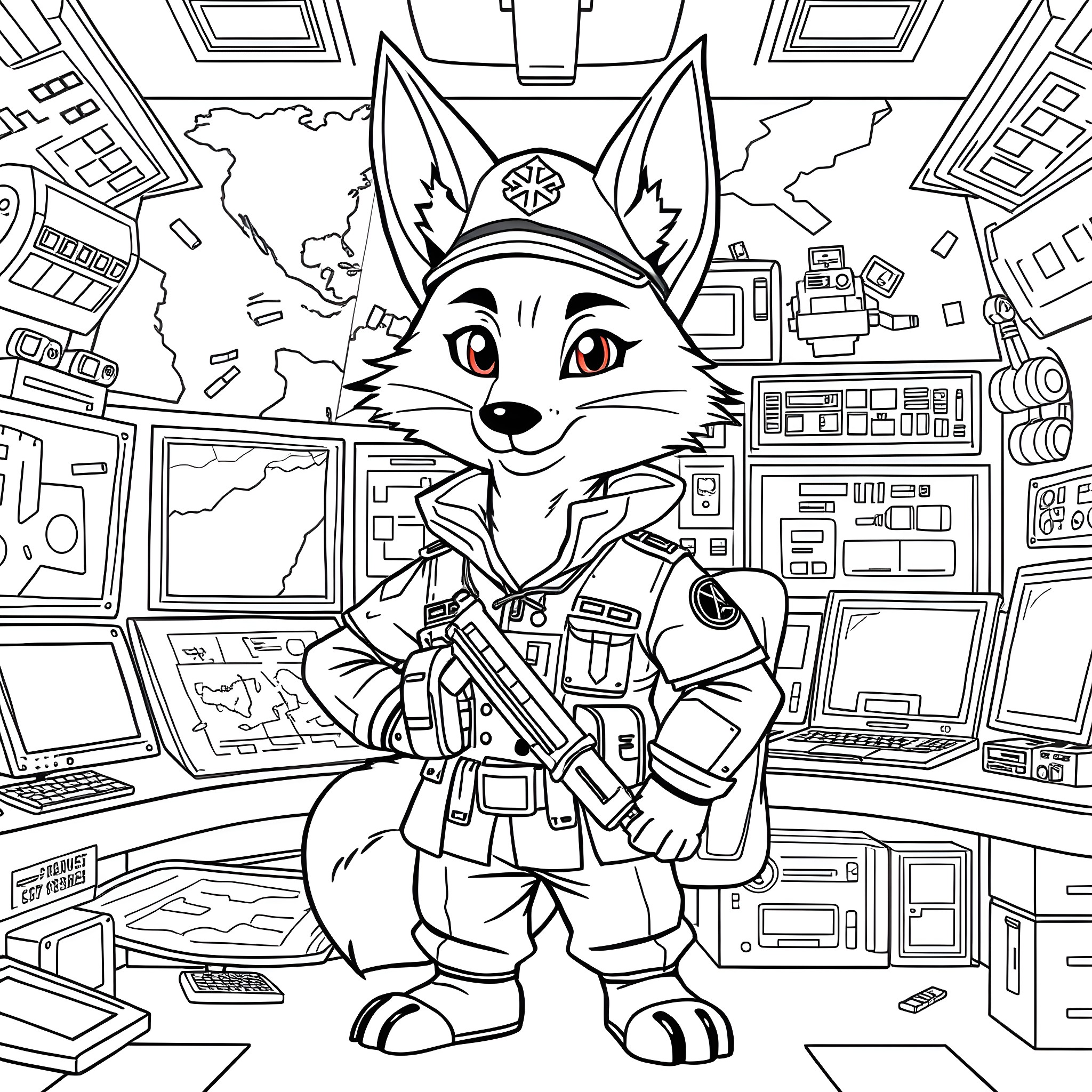 Fox agent on duty in a high-tech office Coloring Page (free black-and-white line drawing printable PDF for all, from beginners to advanced learners, including children, teens, adults, and seniors)