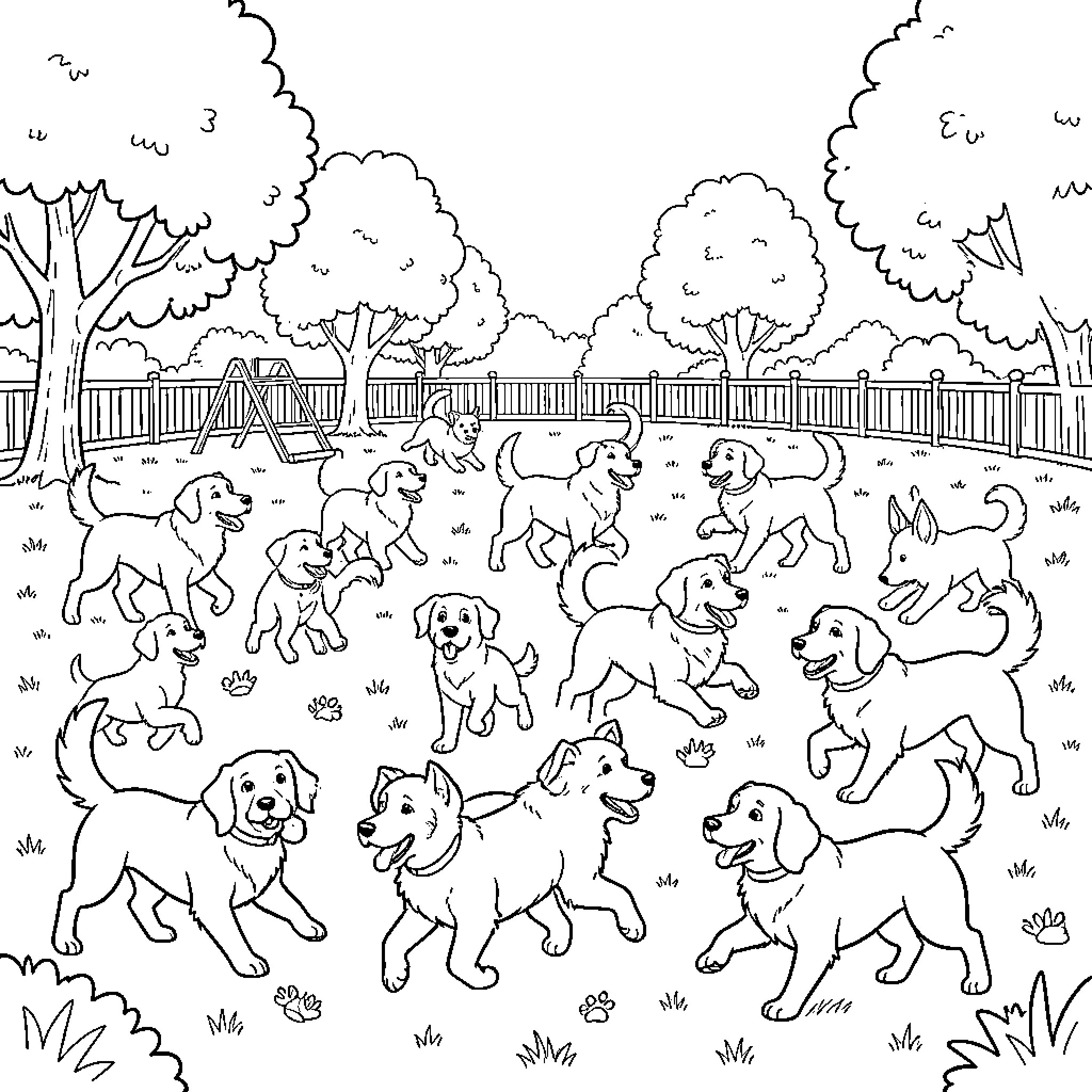 Dog playing at the park with friends Coloring Page (free black-and-white line drawing printable PDF for all, from beginners to advanced learners, including children, teens, adults, and seniors)
