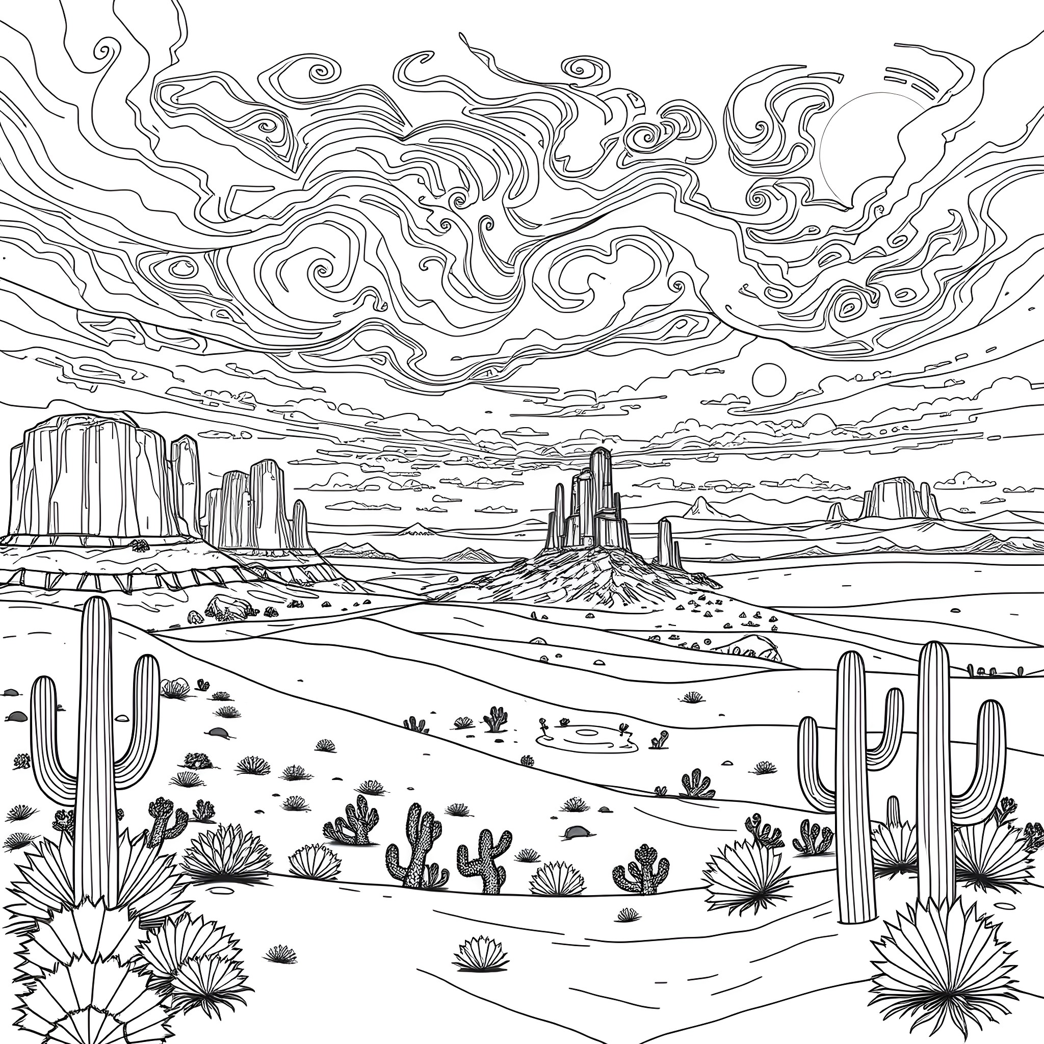 Nature's Majestic Desert Landscape Coloring Page (free black-and-white line drawing printable PDF for all, from beginners to advanced learners, including children, teens, adults, and seniors)