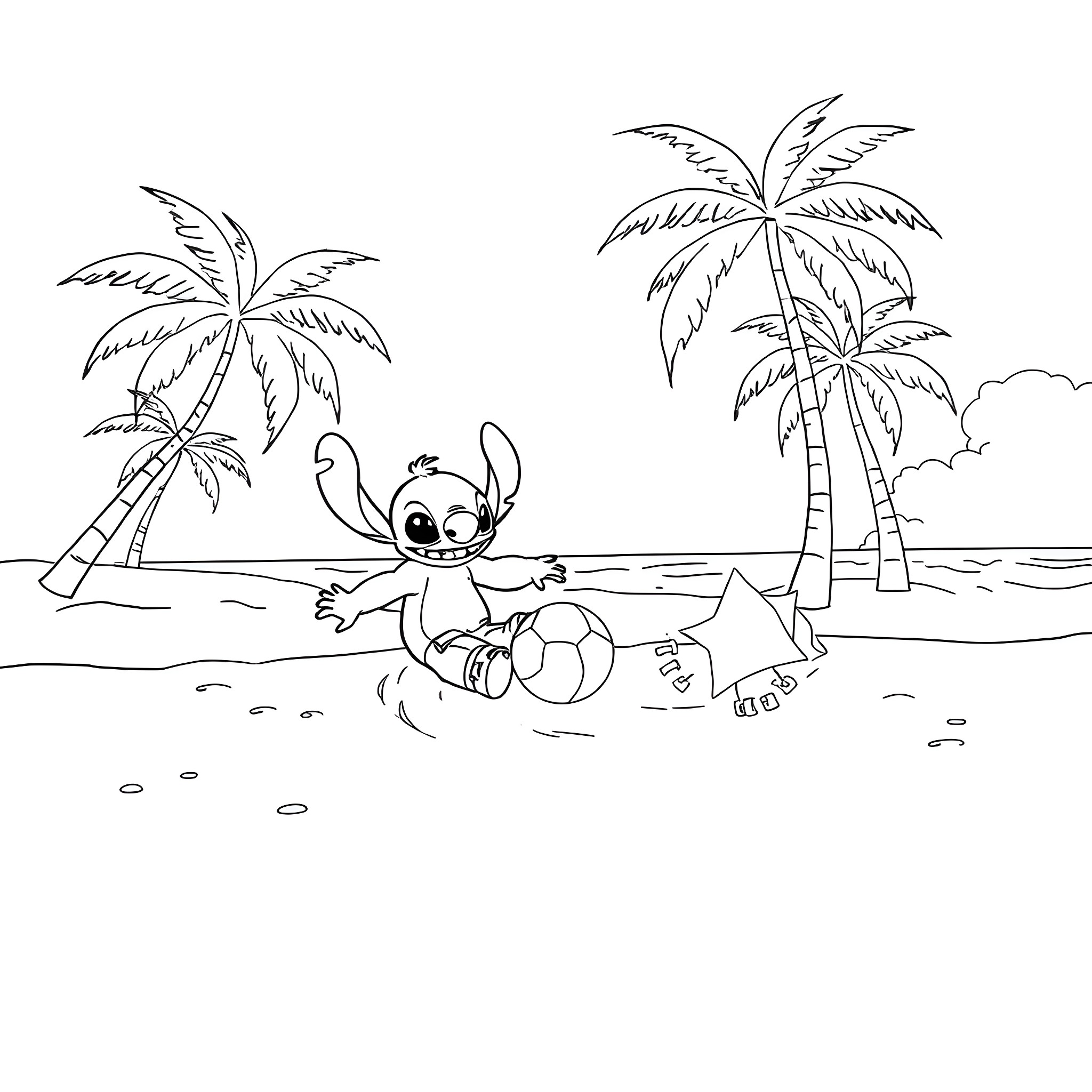 Lilo playing happily on the beach with a beach ball Coloring Page (free black-and-white line drawing printable PDF for all, from beginners to advanced learners, including children, teens, adults, and seniors)