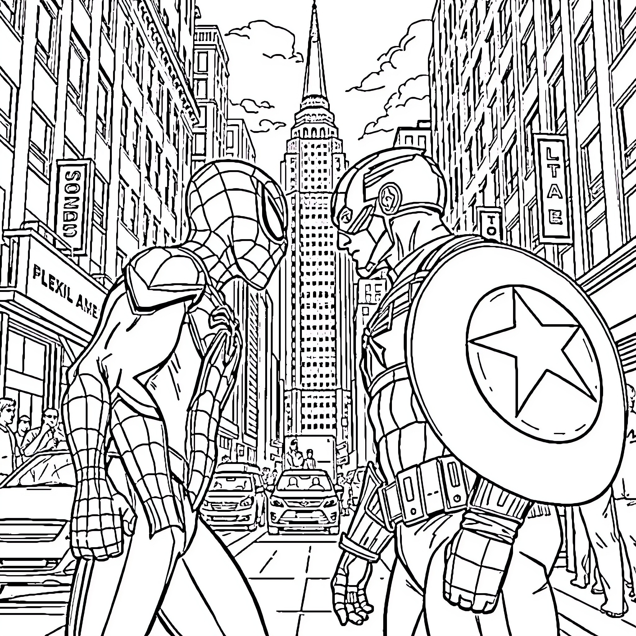 Spiderman and Captain America in the city Coloring Page (free black-and-white line drawing printable PDF for all, from beginners to advanced learners, including children, teens, adults, and seniors)