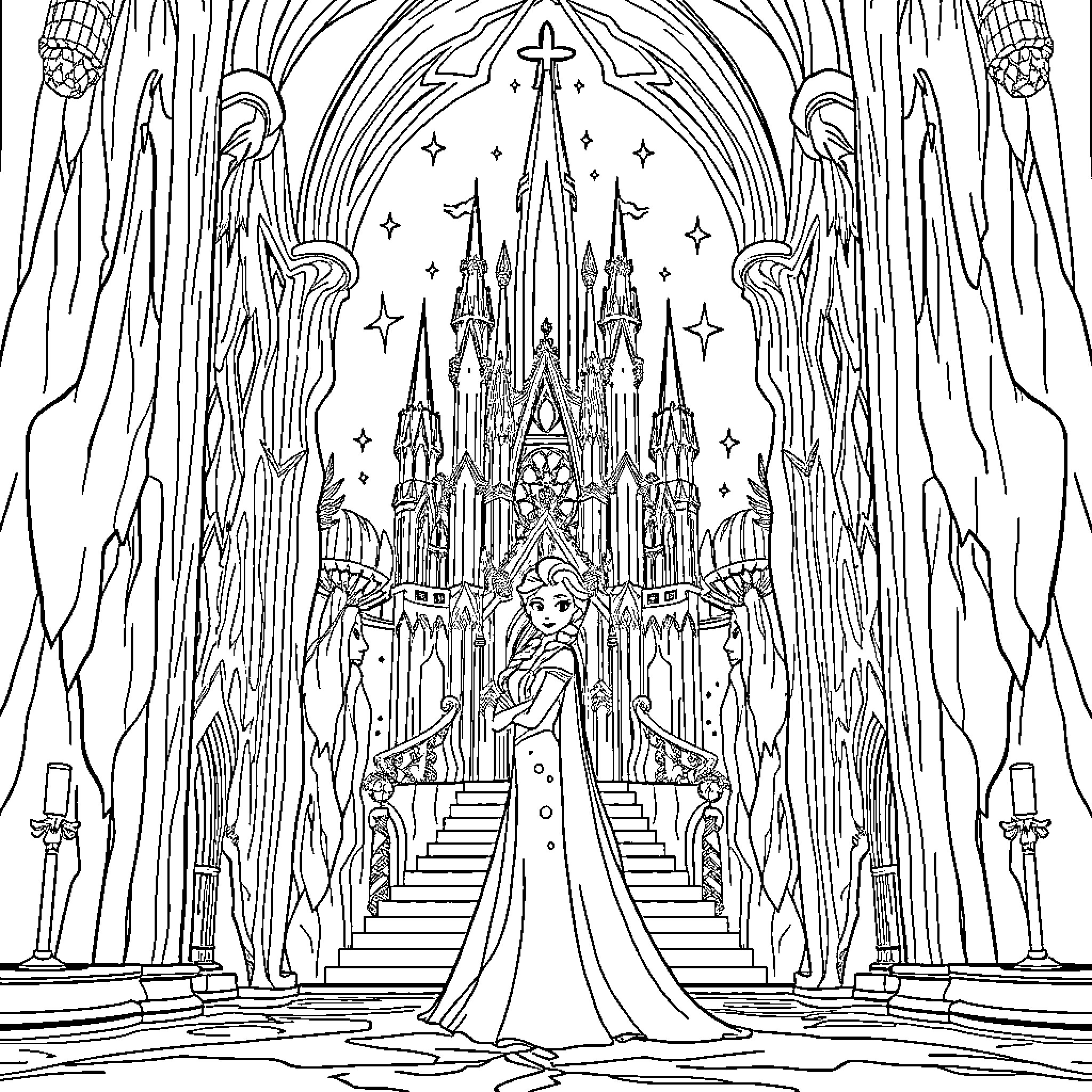 Elsa in Magical Castle with Sparkling Towers Coloring Page (free black-and-white line drawing printable PDF for all, from beginners to advanced learners, including children, teens, adults, and seniors)