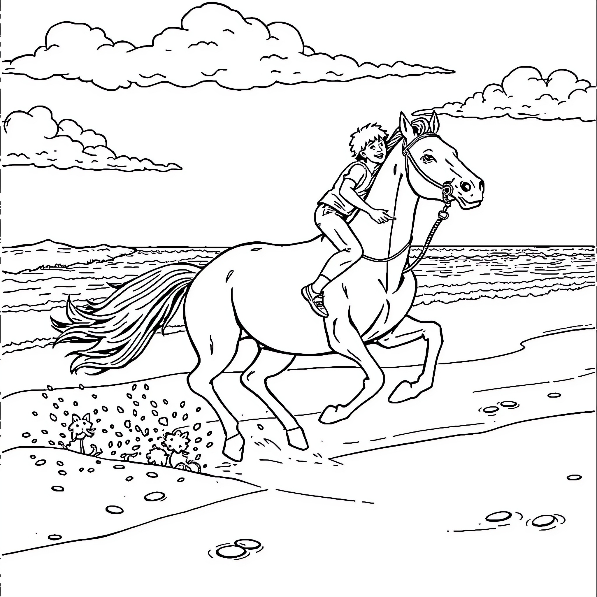 Horse and Rider Galloping on the Beach Coloring Page (free black-and-white line drawing printable PDF for all, from beginners to advanced learners, including children, teens, adults, and seniors)