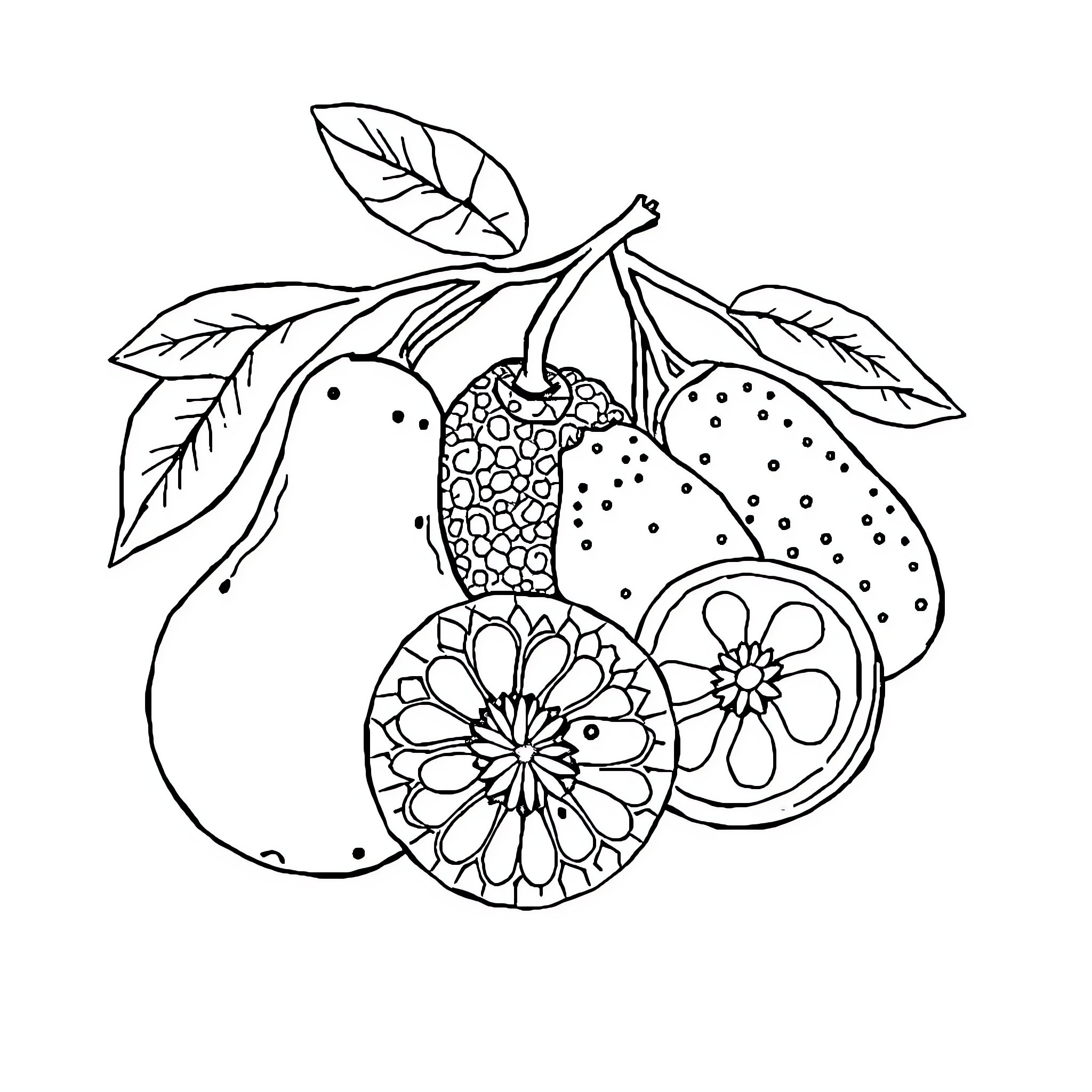 Fruit and Floral Artistic Arrangement Coloring Page (free black-and-white line drawing printable PDF for all, from beginners to advanced learners, including children, teens, adults, and seniors)