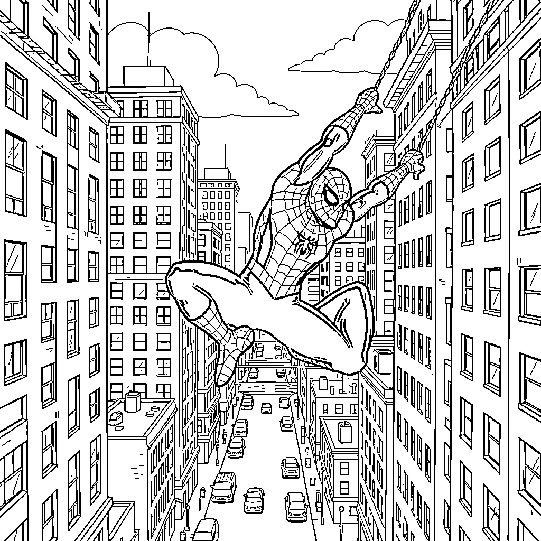 Spiderman swinging through the city skyline Coloring Page (free black-and-white line drawing printable PDF for all, from beginners to advanced learners, including children, teens, adults, and seniors)