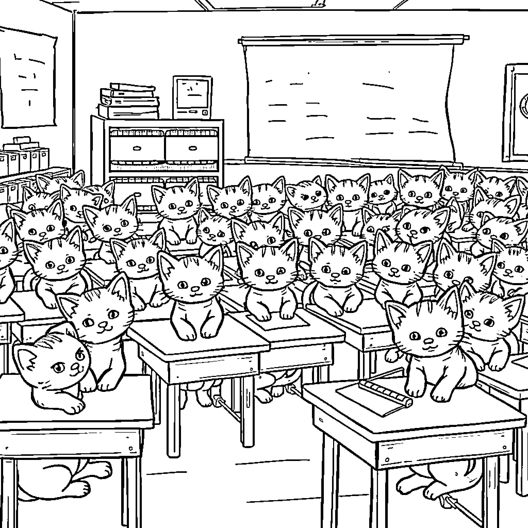 Kittens in a Classroom Scene Coloring Page (free black-and-white line drawing printable PDF for all, from beginners to advanced learners, including children, teens, adults, and seniors)