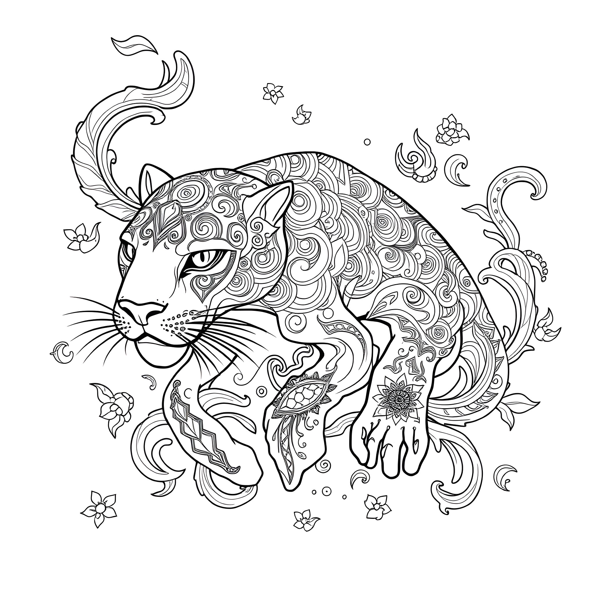 Mishipeshu's Intricate Aquatic Dance Coloring Page (free black-and-white line drawing printable PDF for all, from beginners to advanced learners, including children, teens, adults, and seniors)