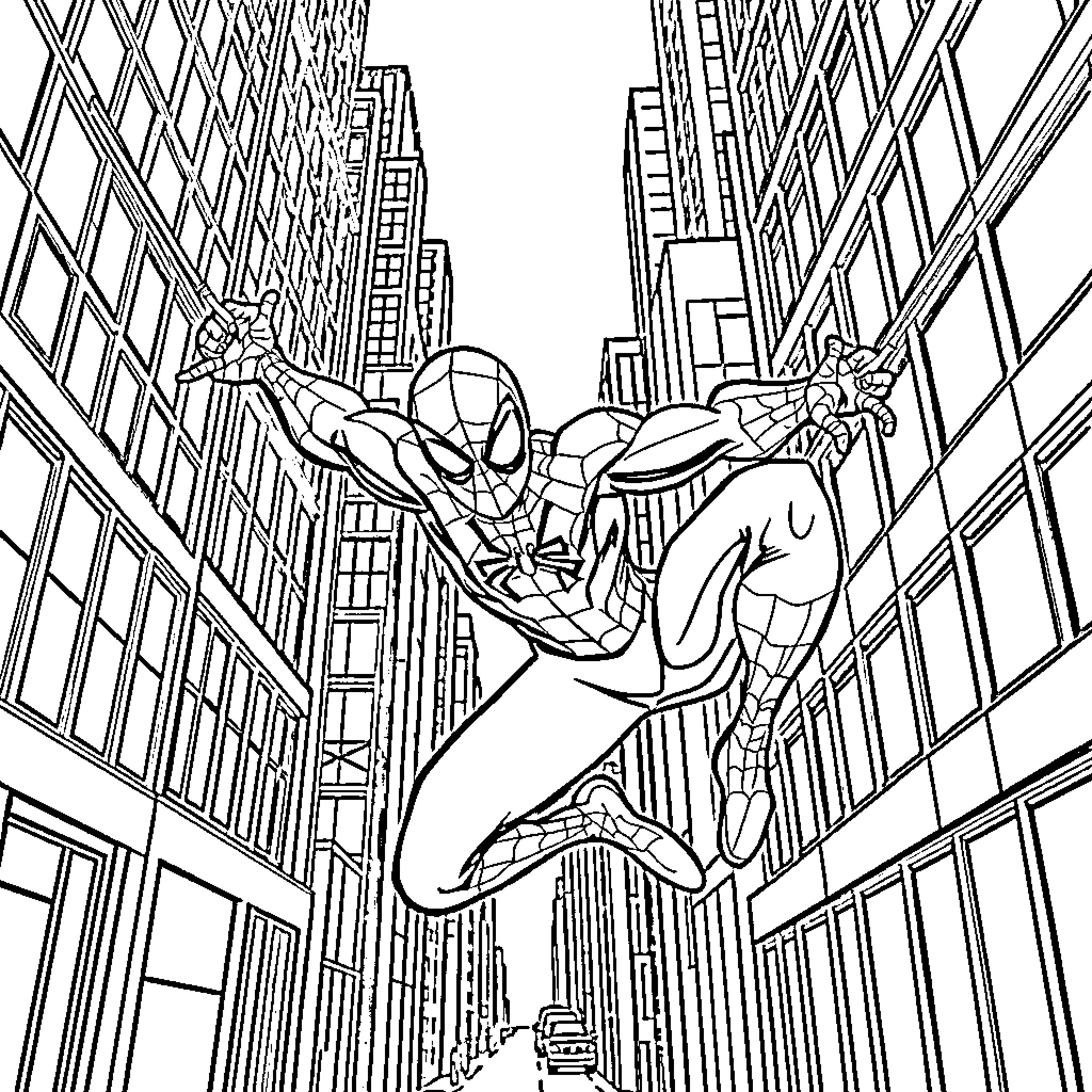 Spiderman swinging through the city skyline Coloring Page (free black-and-white line drawing printable PDF for all, from beginners to advanced learners, including children, teens, adults, and seniors)