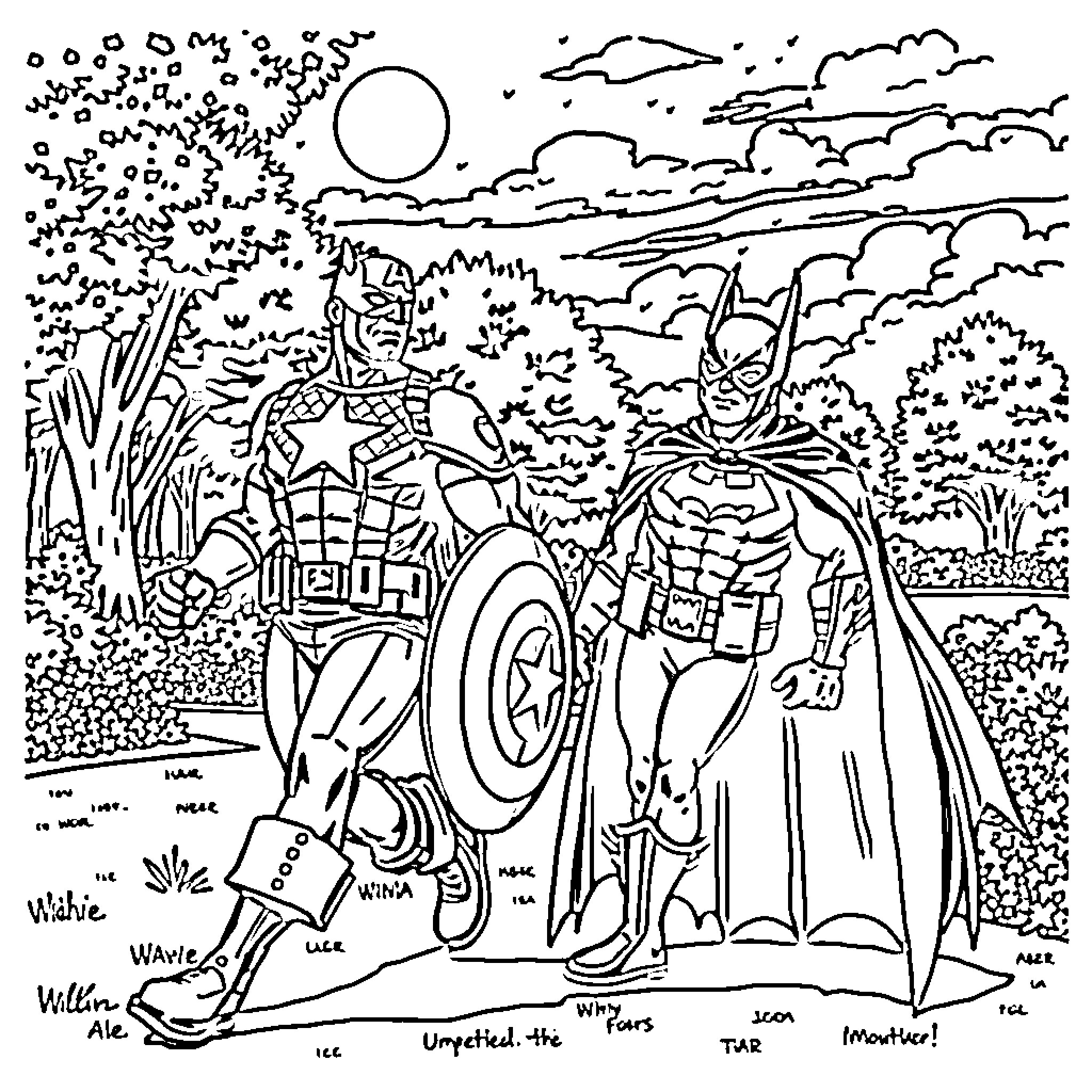 Captain America and Batman in an epic adventure Coloring Page (free black-and-white line drawing printable PDF for all, from beginners to advanced learners, including children, teens, adults, and seniors)