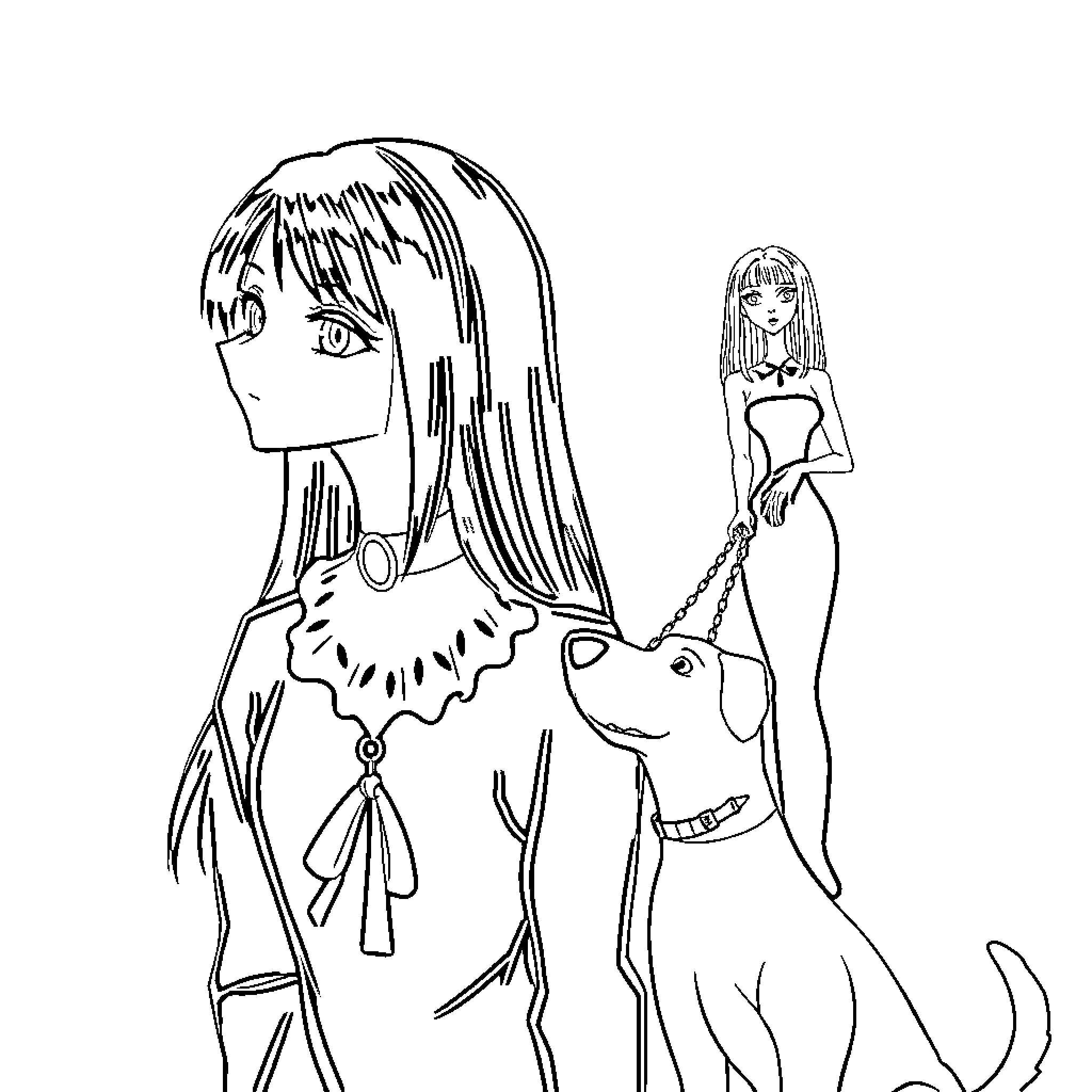 Katsuki Bakugo with pet dog in anime-inspired scene Coloring Page (free black-and-white line drawing printable PDF for all, from beginners to advanced learners, including children, teens, adults, and seniors)