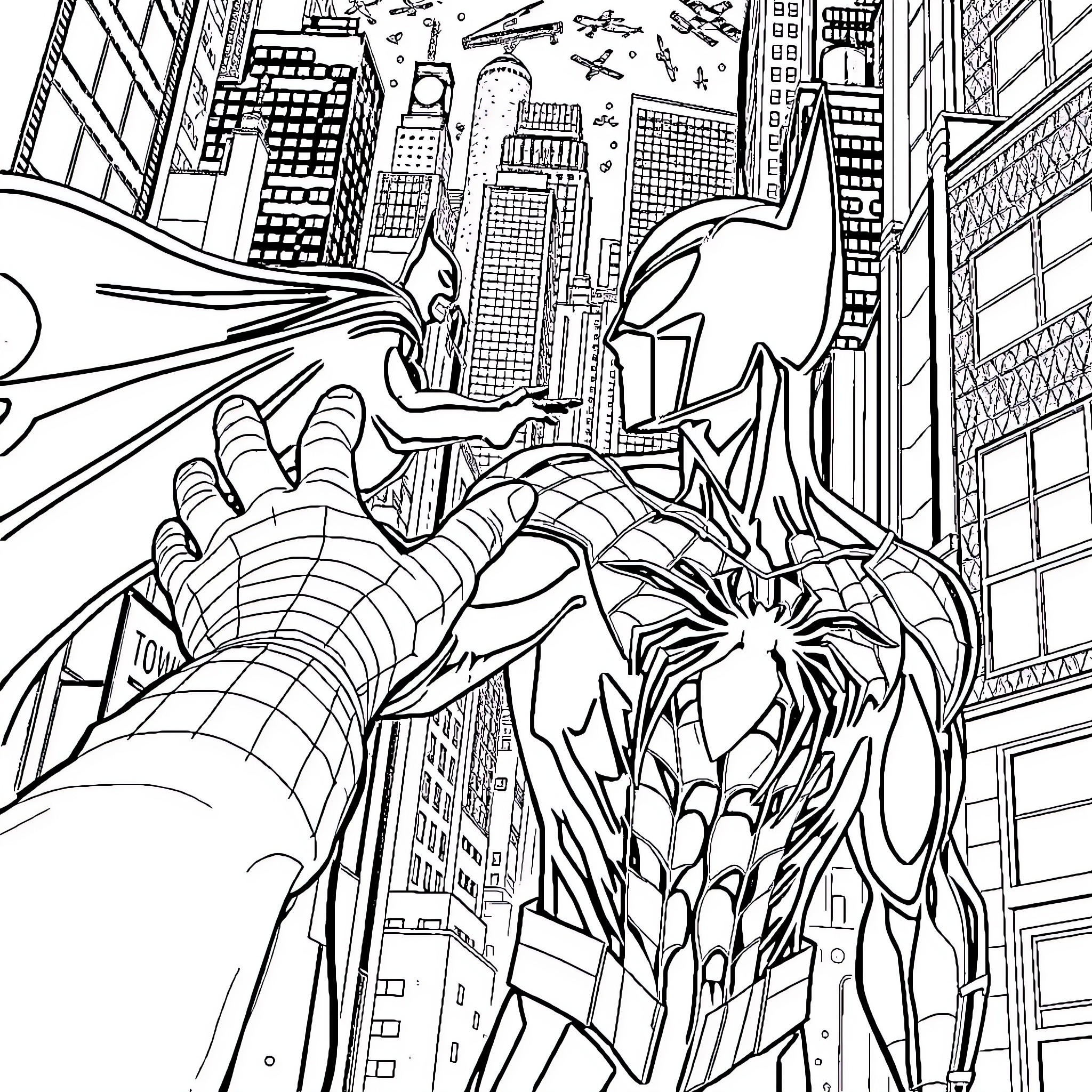 Spider-Man Swinging Through the City Skyline Coloring Page (free black-and-white line drawing printable PDF for all, from beginners to advanced learners, including children, teens, adults, and seniors)