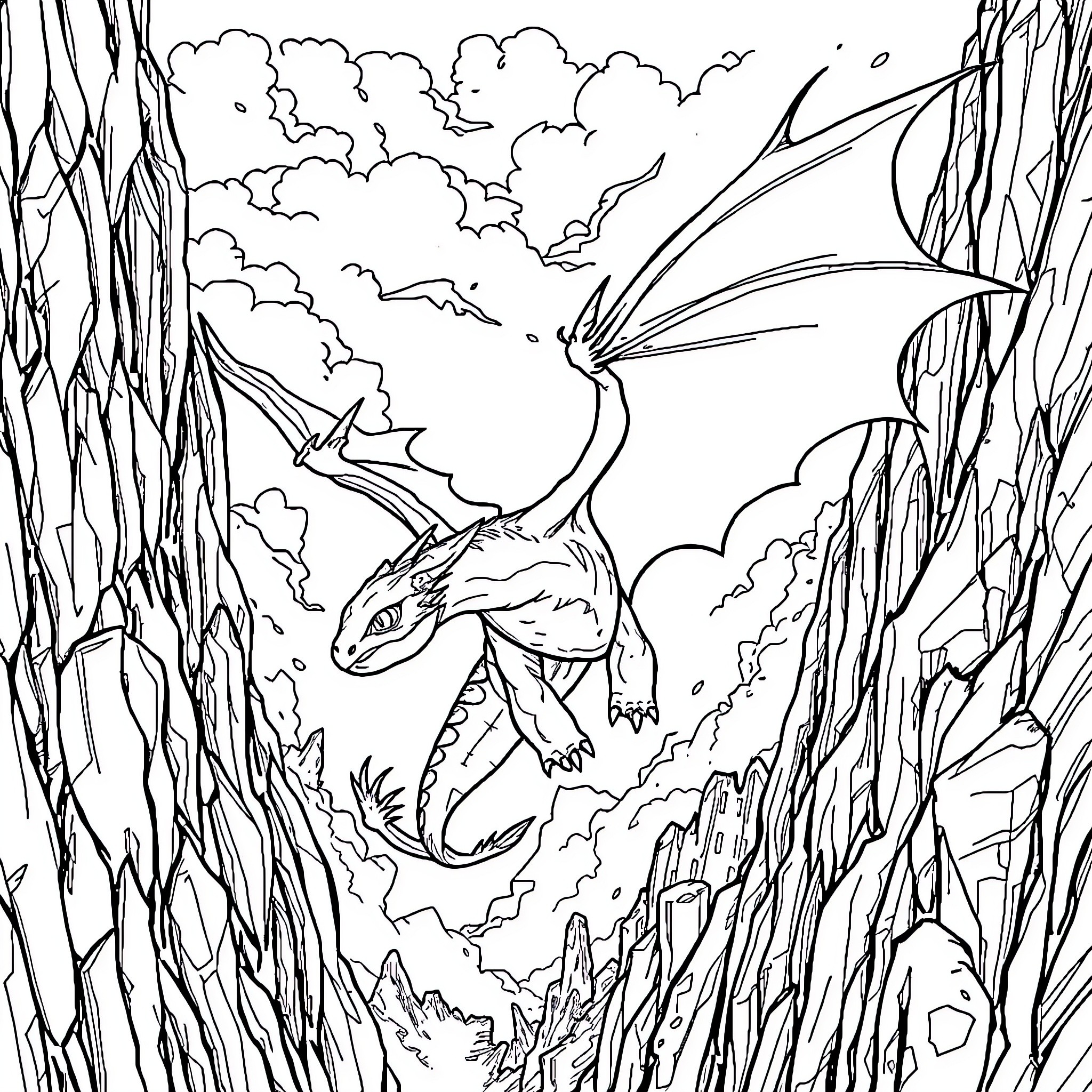 Toothless dragon soaring through the stormy skies Coloring Page (free black-and-white line drawing printable PDF for all, from beginners to advanced learners, including children, teens, adults, and seniors)