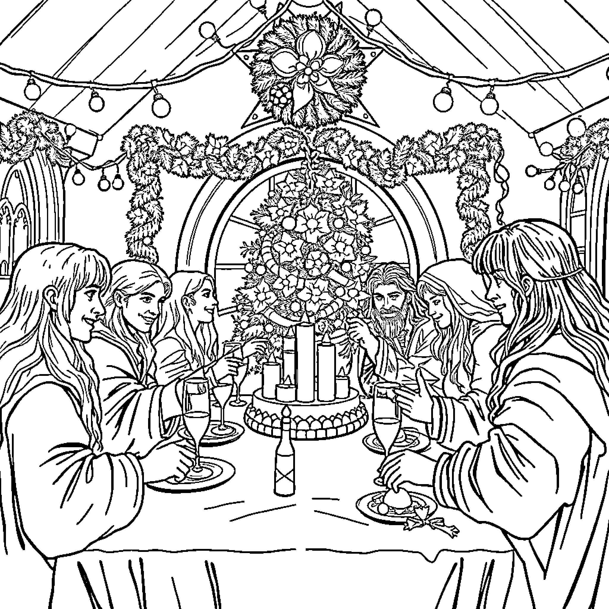 Lord of the Rings: Festive Celebration in Elvish Realm Coloring Page (free black-and-white line drawing printable PDF for all, from beginners to advanced learners, including children, teens, adults, and seniors)
