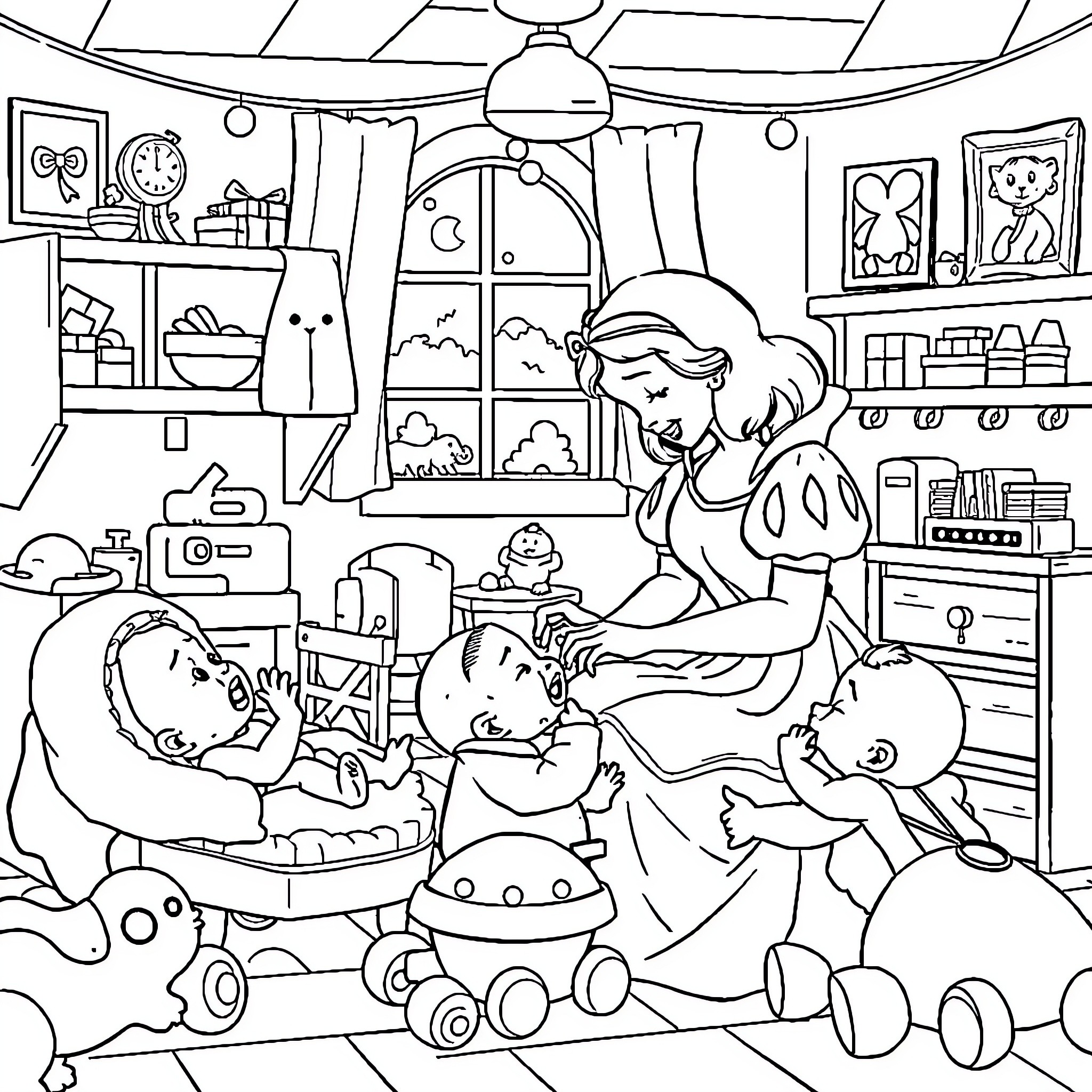 Snow White caring for the children in the cozy cottage Coloring Page (free black-and-white line drawing printable PDF for all, from beginners to advanced learners, including children, teens, adults, and seniors)