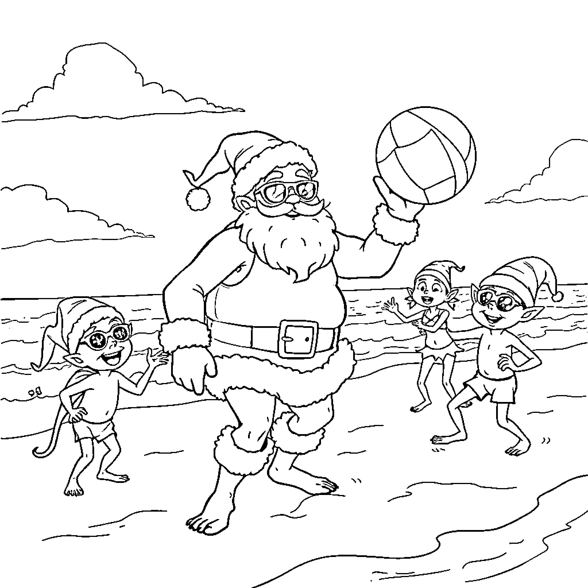 Santa Claus enjoys summer beach activities with children Coloring Page (free black-and-white line drawing printable PDF for all, from beginners to advanced learners, including children, teens, adults, and seniors)