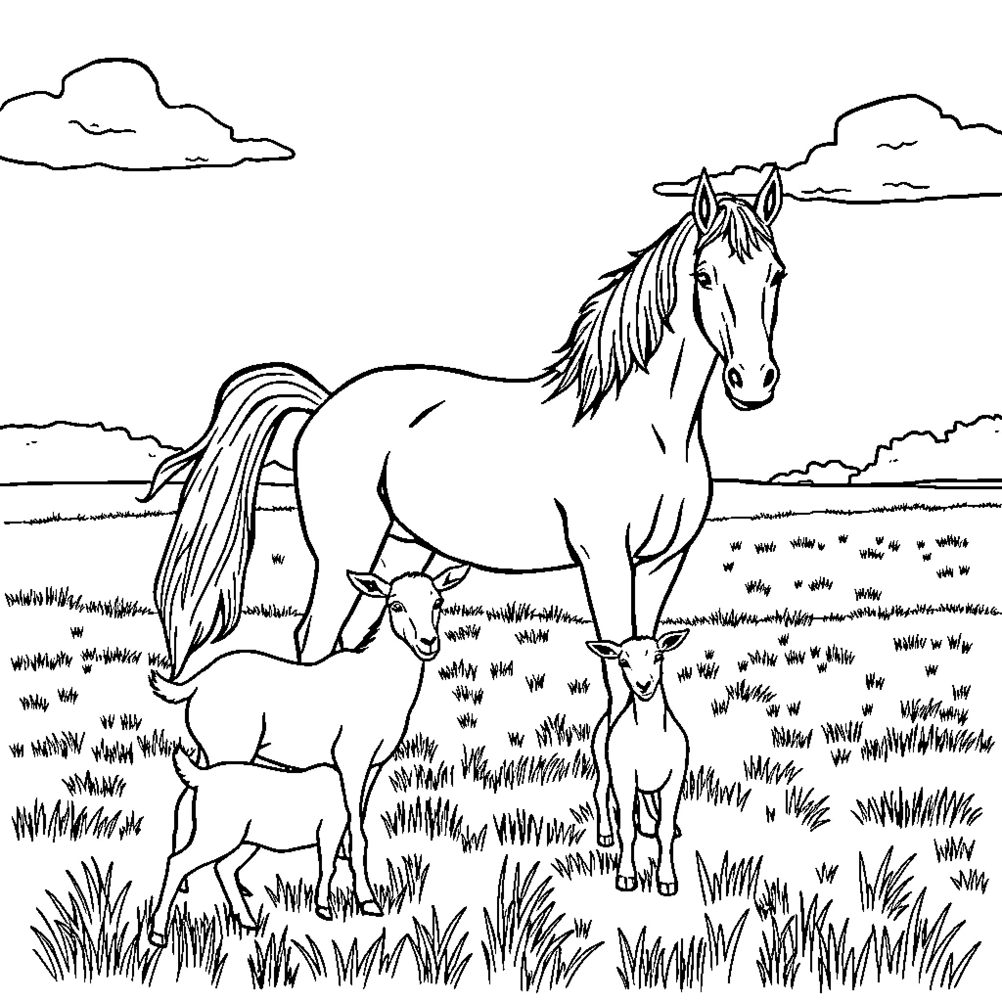 Horse and foal grazing in a grassy field Coloring Page (free black-and-white line drawing printable PDF for all, from beginners to advanced learners, including children, teens, adults, and seniors)