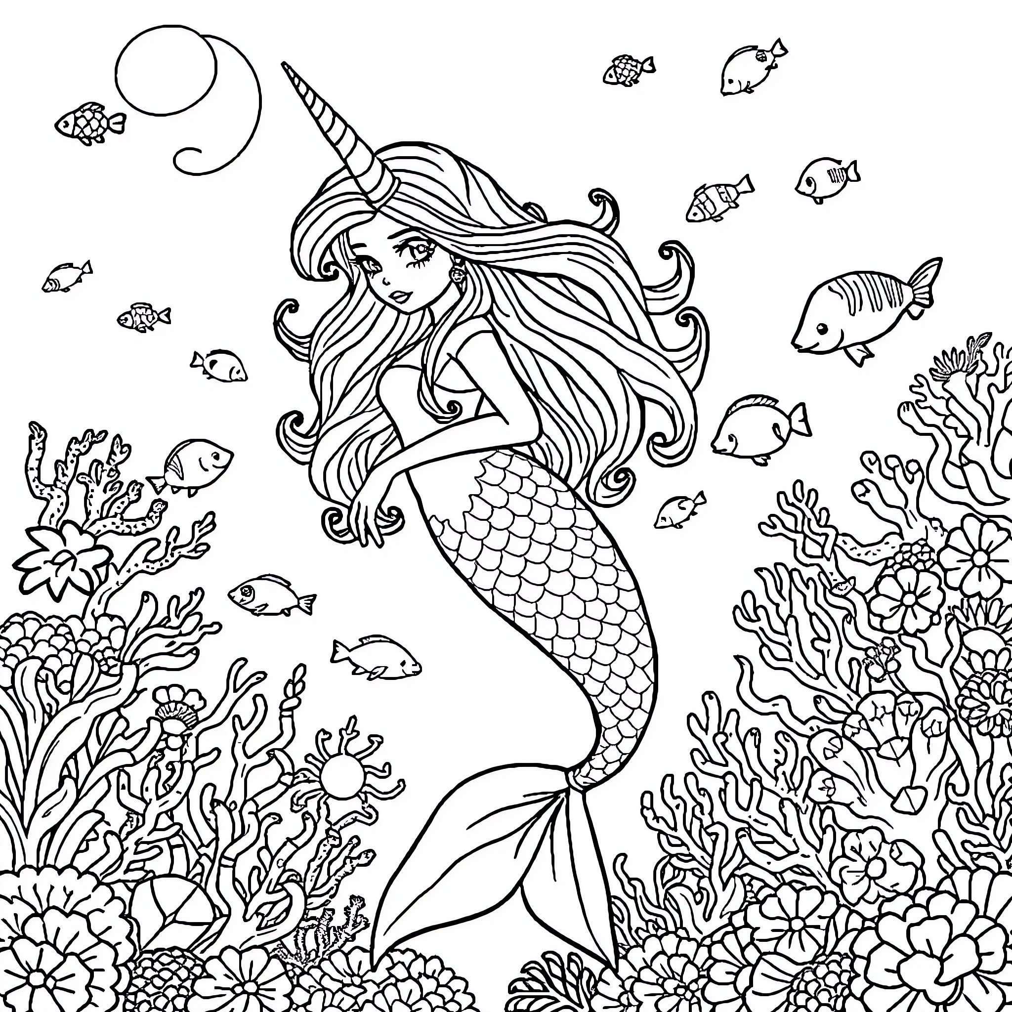 Mermaid swimming gracefully among sea creatures Coloring Page (free black-and-white line drawing printable PDF for all, from beginners to advanced learners, including children, teens, adults, and seniors)