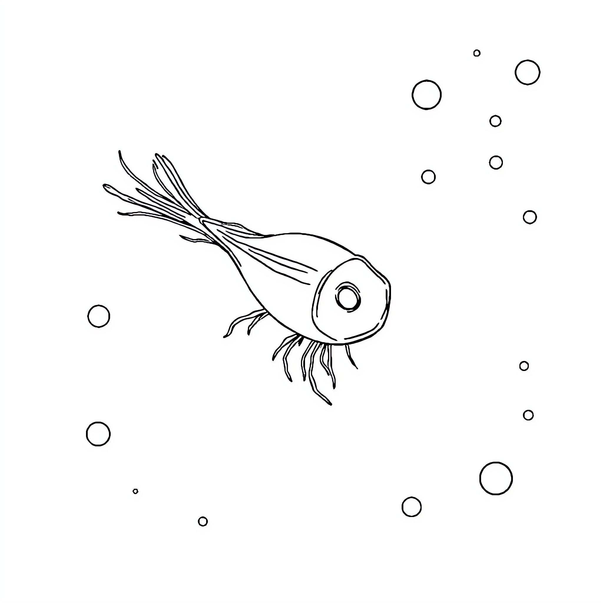 Plankton swimming amidst bubbles Coloring Page (free black-and-white line drawing printable PDF for all, from beginners to advanced learners, including children, teens, adults, and seniors)