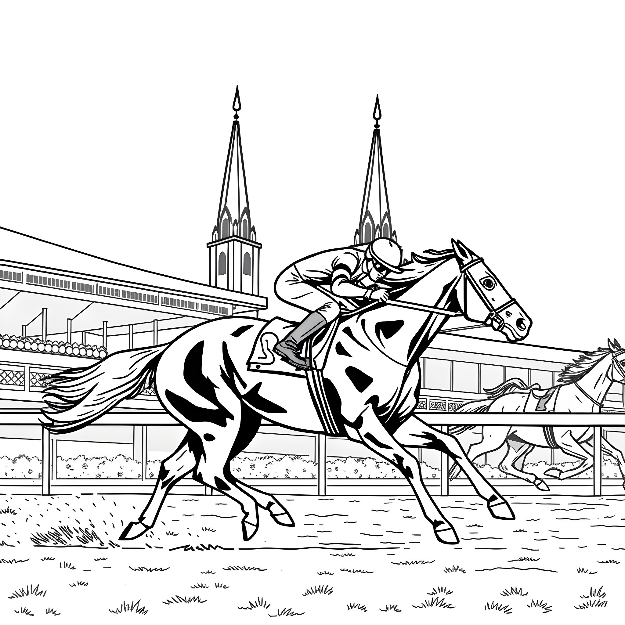 Horse Racing on a Track with Cathedral Spires Coloring Page (free black-and-white line drawing printable PDF for all, from beginners to advanced learners, including children, teens, adults, and seniors)