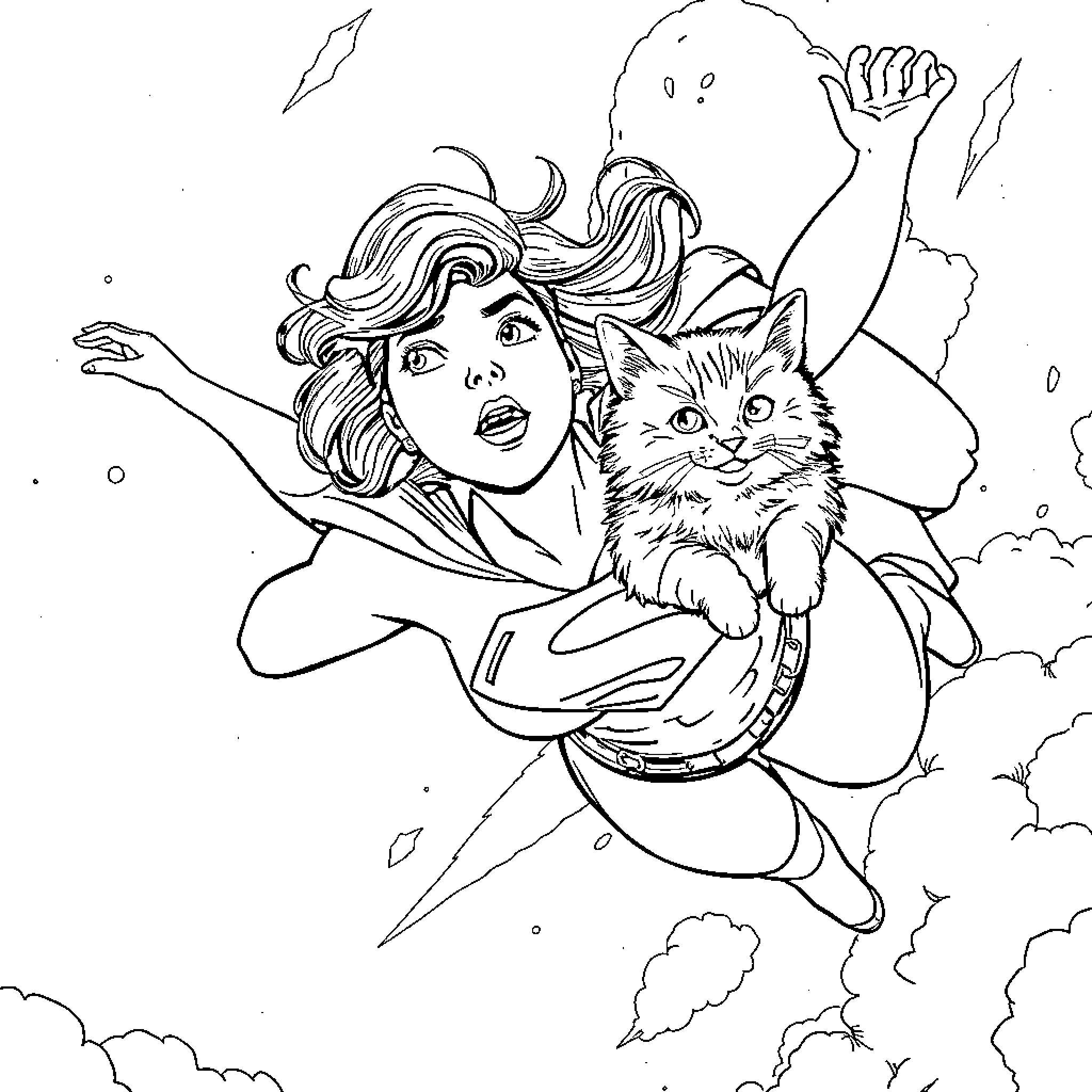 Lois Lane rescuing a kitten in flight Coloring Page (free black-and-white line drawing printable PDF for all, from beginners to advanced learners, including children, teens, adults, and seniors)