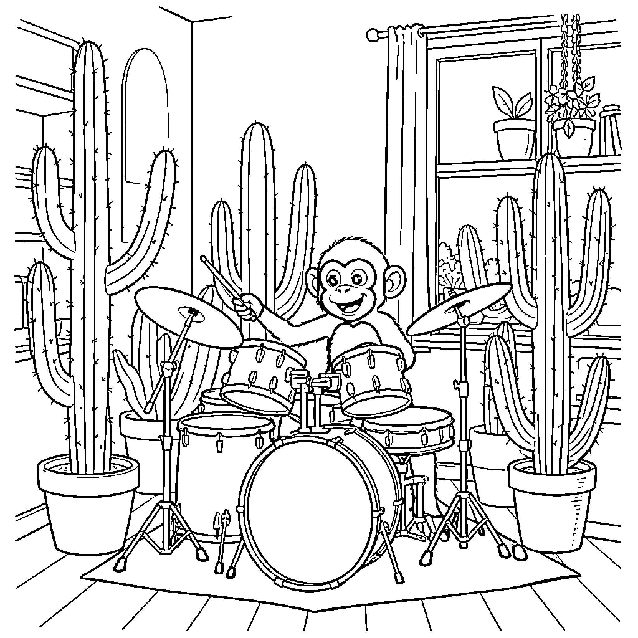 Monkey playing drums amidst cacti in a room Coloring Page (free black-and-white line drawing printable PDF for all, from beginners to advanced learners, including children, teens, adults, and seniors)