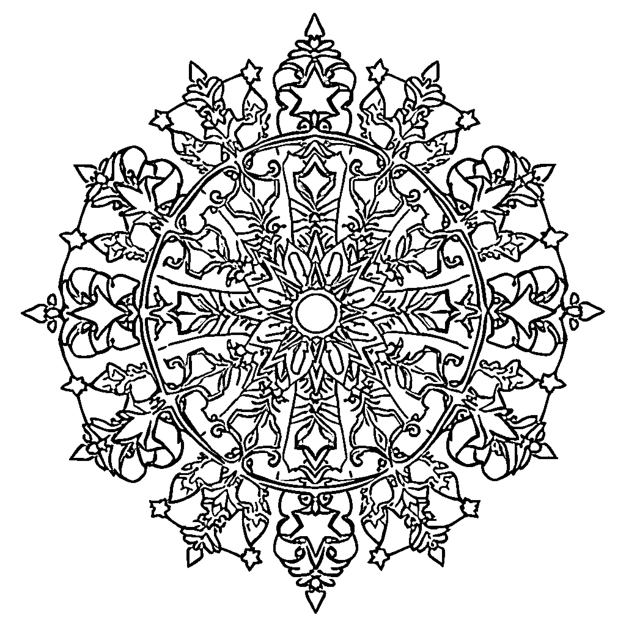 Mandala with intricate floral and geometric patterns Coloring Page (free black-and-white line drawing printable PDF for all, from beginners to advanced learners, including children, teens, adults, and seniors)