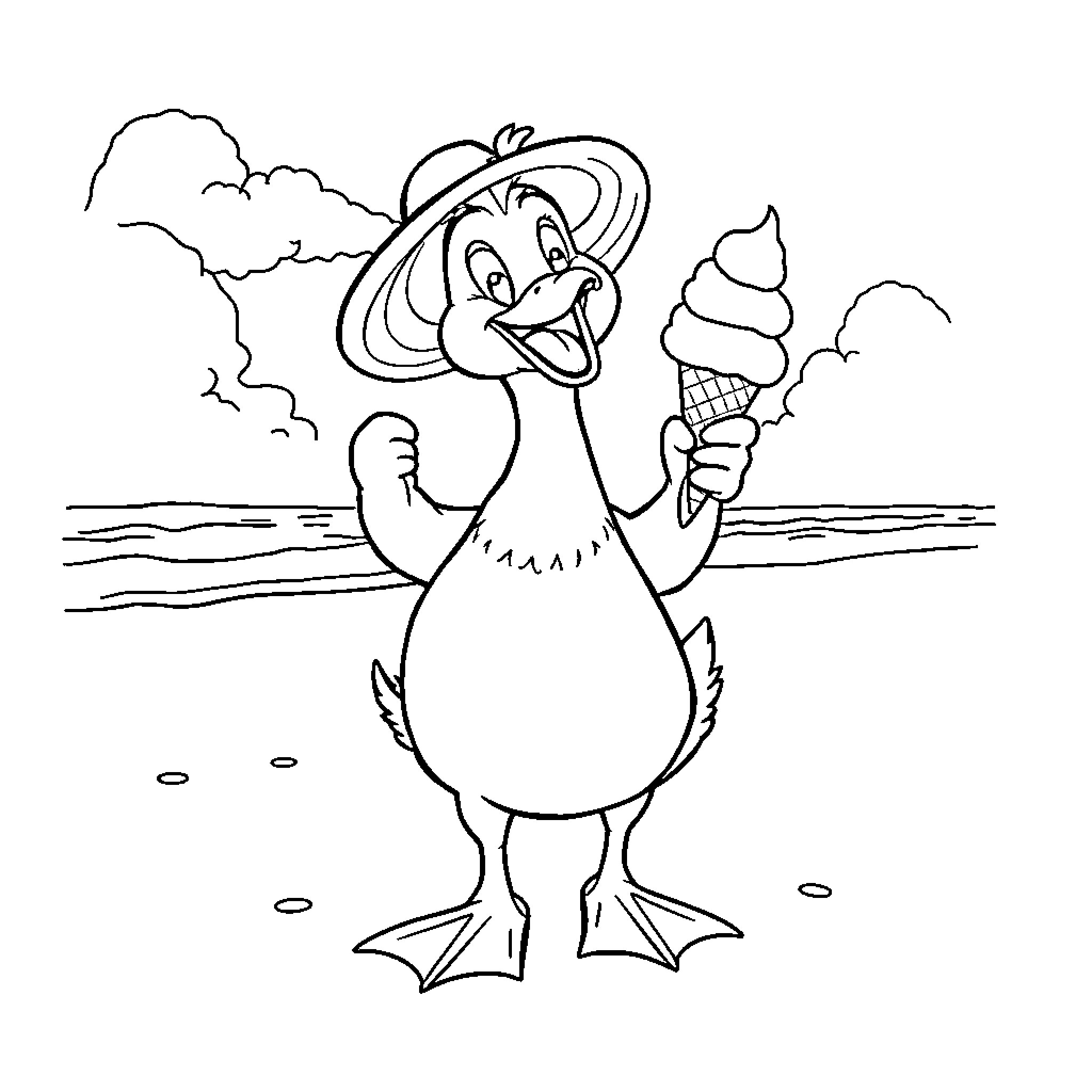 Duck enjoying an ice cream on the beach Coloring Page (free black-and-white line drawing printable PDF for all, from beginners to advanced learners, including children, teens, adults, and seniors)