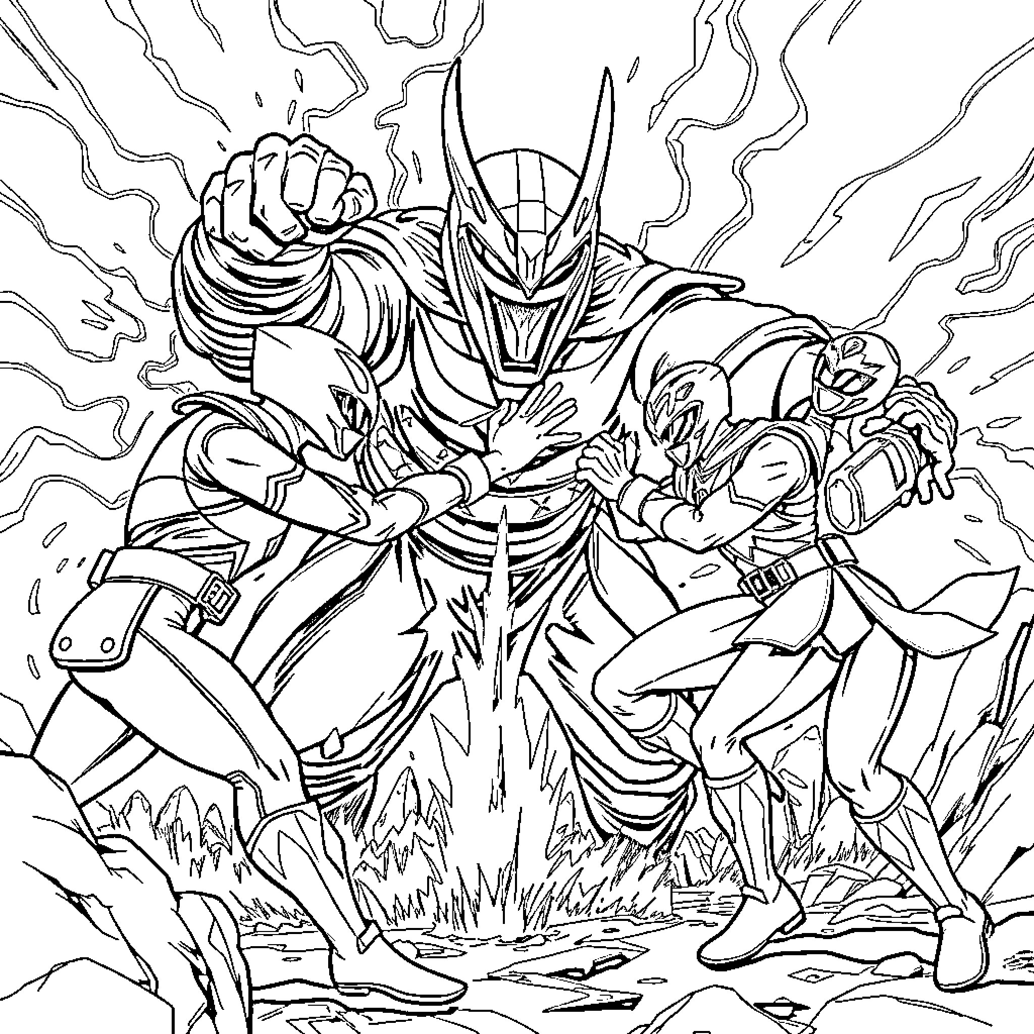 Power Rangers in Epic Battle Pose Coloring Page (free black-and-white line drawing printable PDF for all, from beginners to advanced learners, including children, teens, adults, and seniors)
