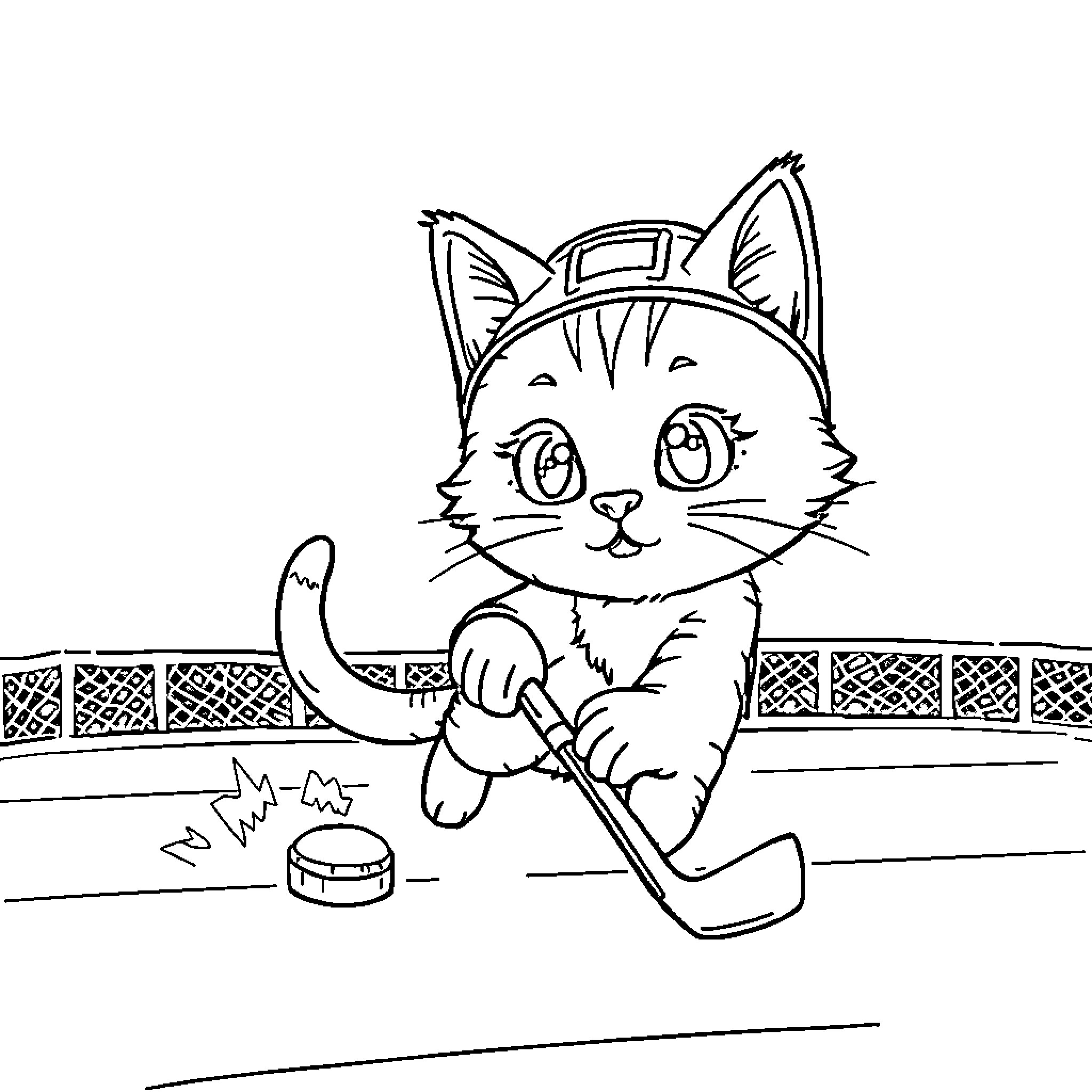 Cat playing with hockey stick on the ice rink Coloring Page (free black-and-white line drawing printable PDF for all, from beginners to advanced learners, including children, teens, adults, and seniors)