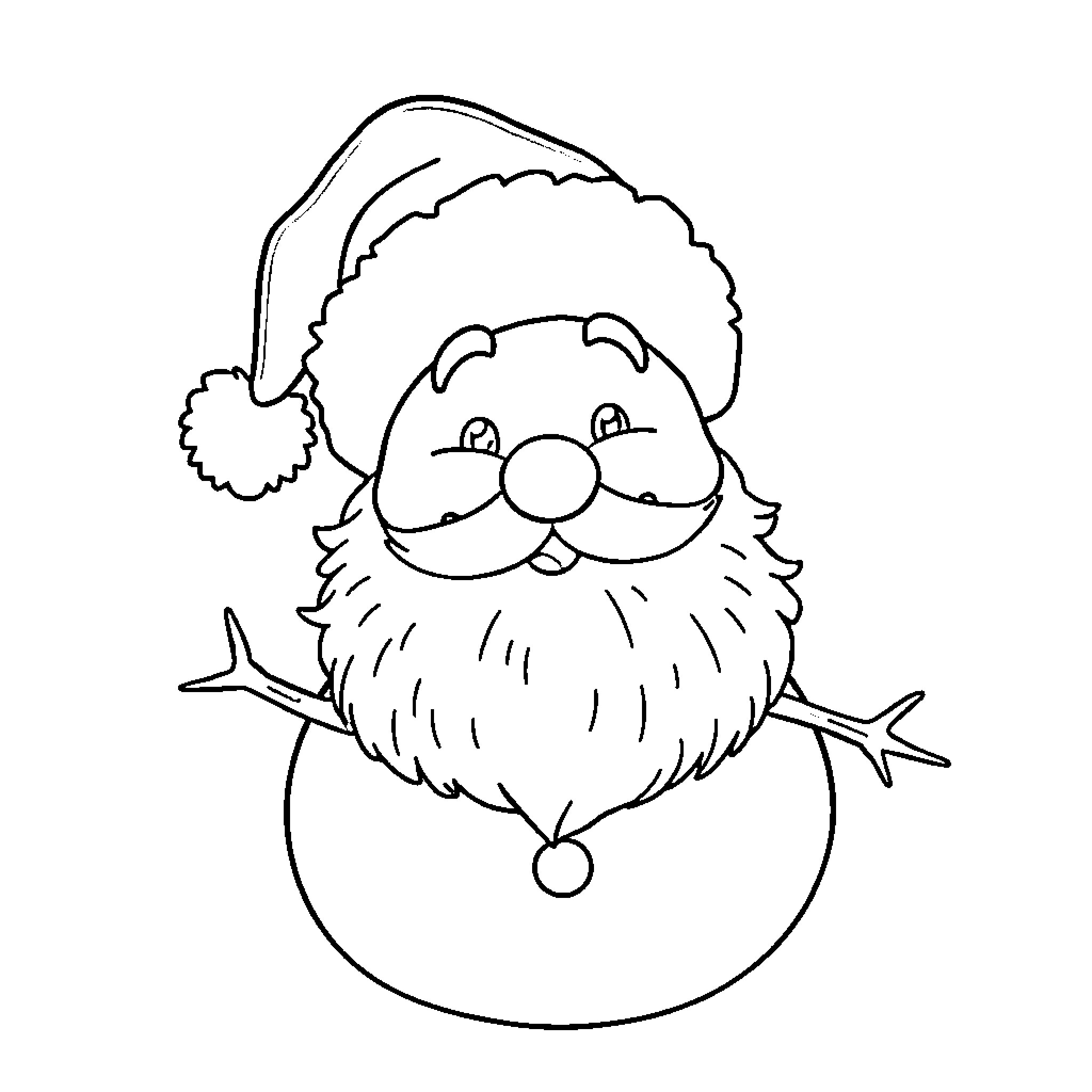 Snowman in festive hat with cheerful expression Coloring Page (free black-and-white line drawing printable PDF for all, from beginners to advanced learners, including children, teens, adults, and seniors)