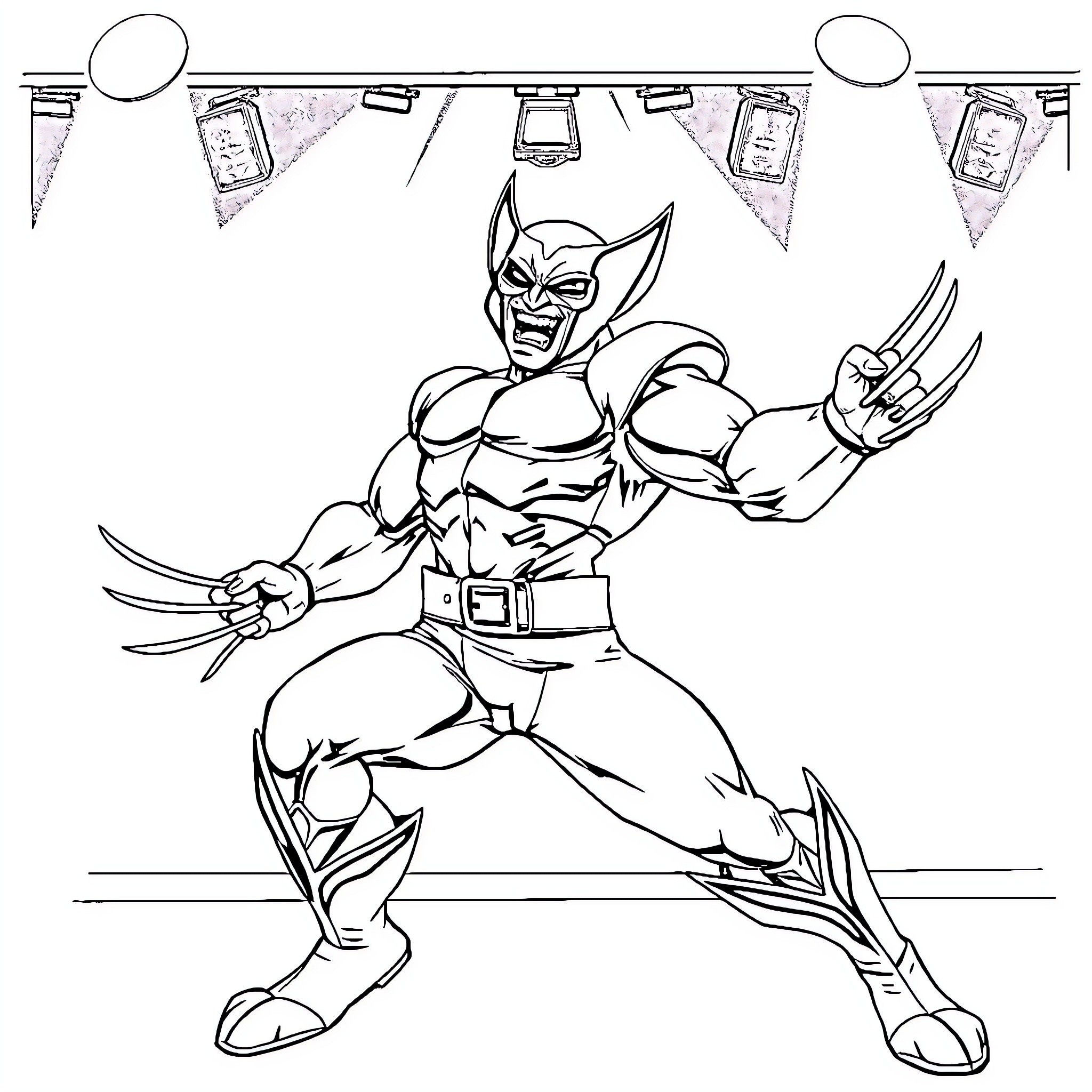 Wolverine unleashing his claws in battle Coloring Page (free black-and-white line drawing printable PDF for all, from beginners to advanced learners, including children, teens, adults, and seniors)