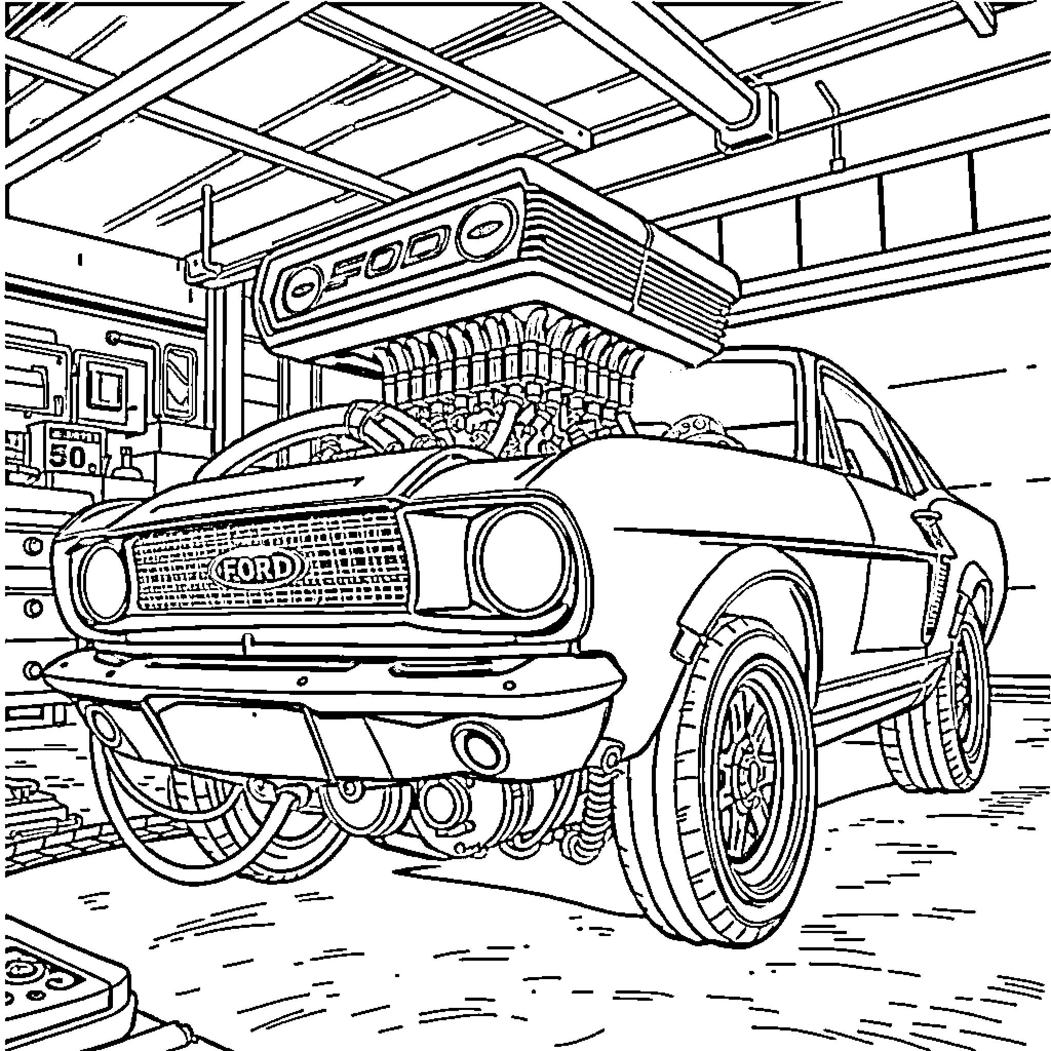 Ford Engine in Garage Undergoing Maintenance Coloring Page (free black-and-white line drawing printable PDF for all, from beginners to advanced learners, including children, teens, adults, and seniors)