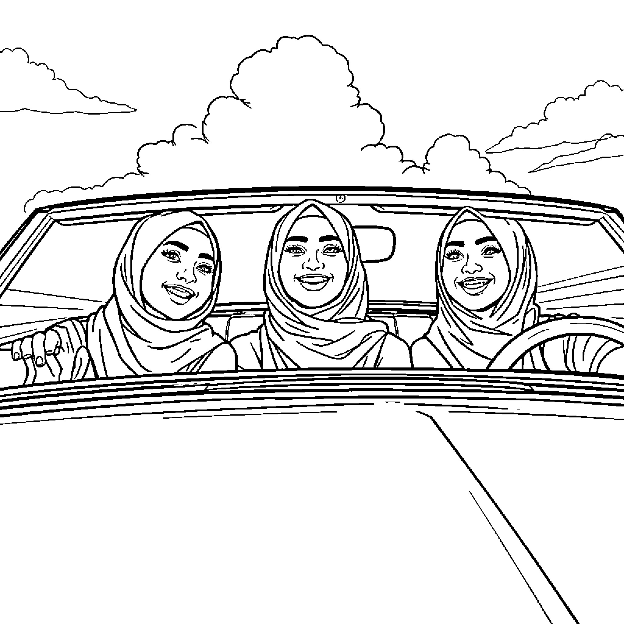 Woman in Hijabs Riding in Car Coloring Page (free black-and-white line drawing printable PDF for all, from beginners to advanced learners, including children, teens, adults, and seniors)