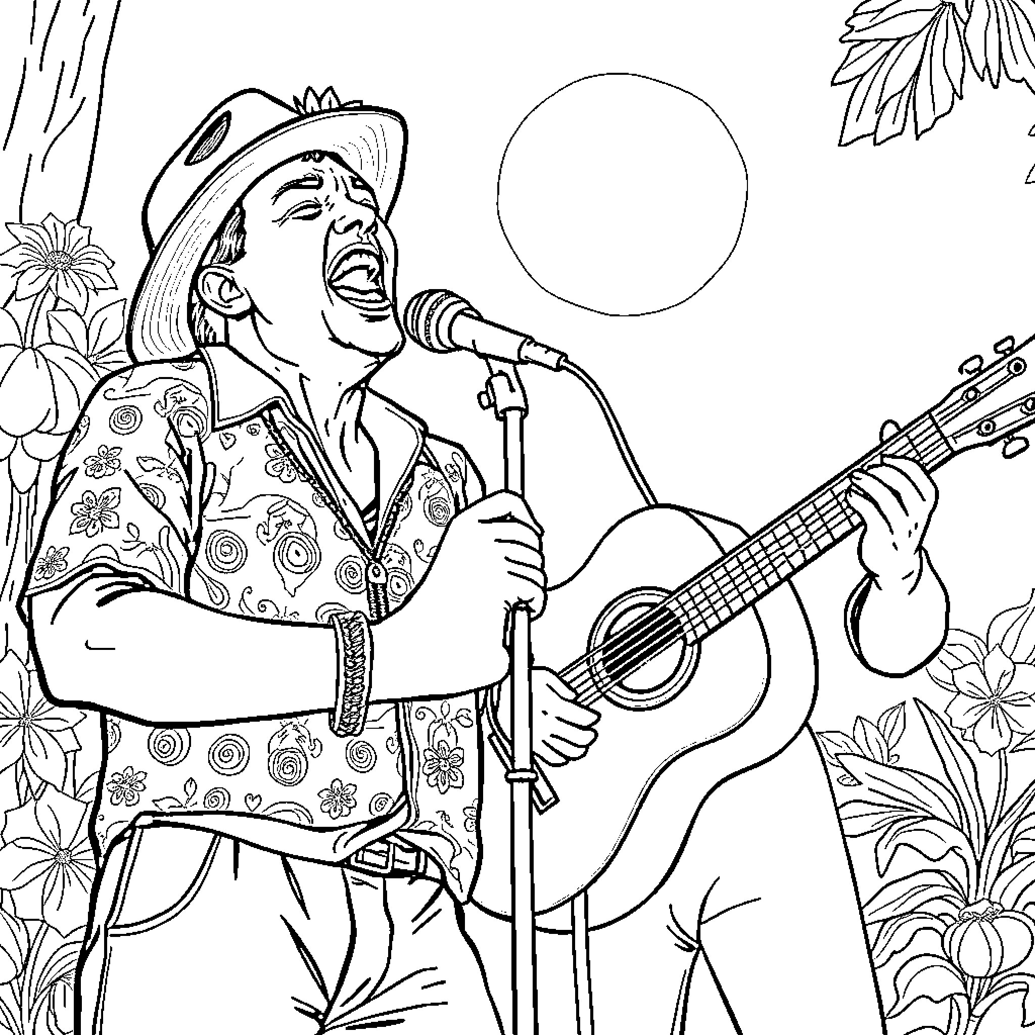 Camaron singing and playing guitar in nature Coloring Page (free black-and-white line drawing printable PDF for all, from beginners to advanced learners, including children, teens, adults, and seniors)