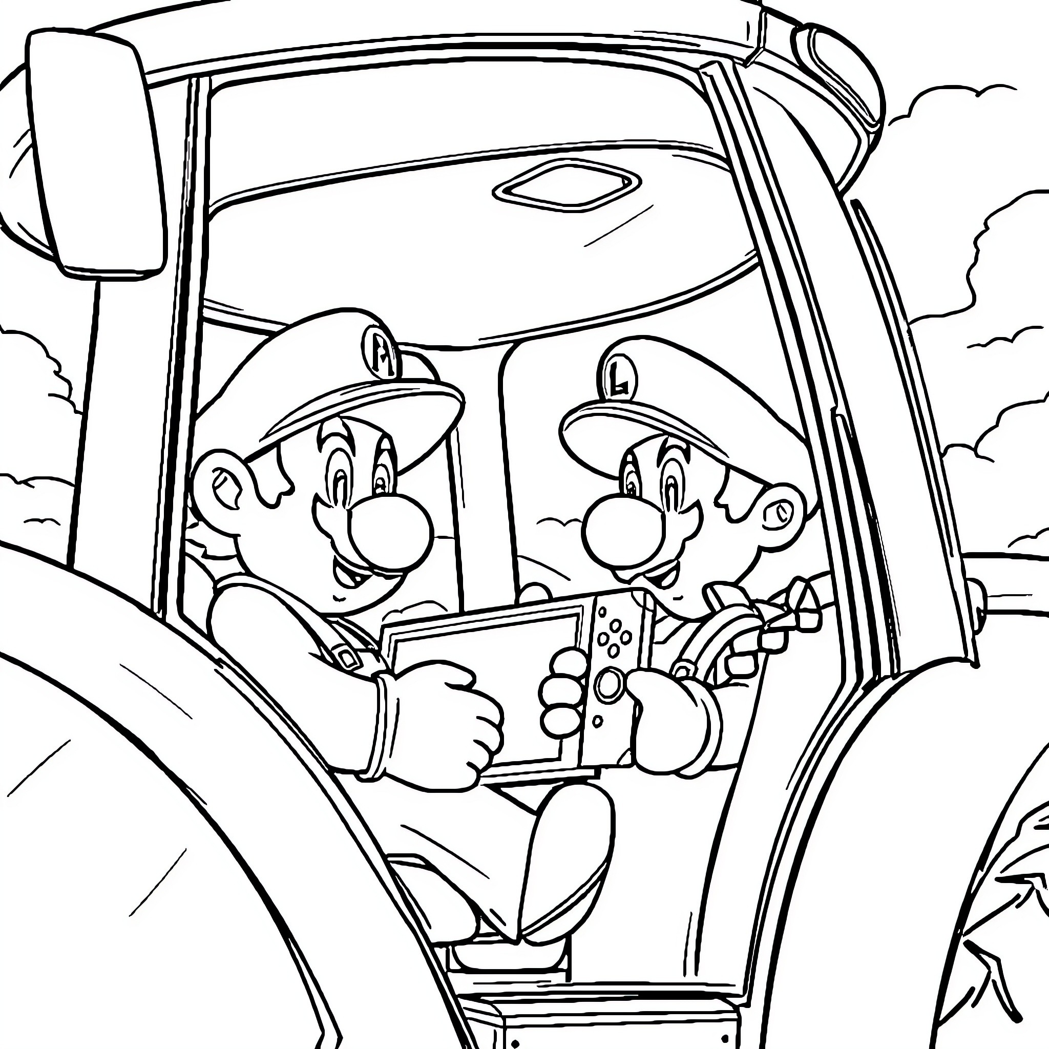 Super Mario Bros. Driving Kart Adventure Coloring Page (free black-and-white line drawing printable PDF for all, from beginners to advanced learners, including children, teens, adults, and seniors)
