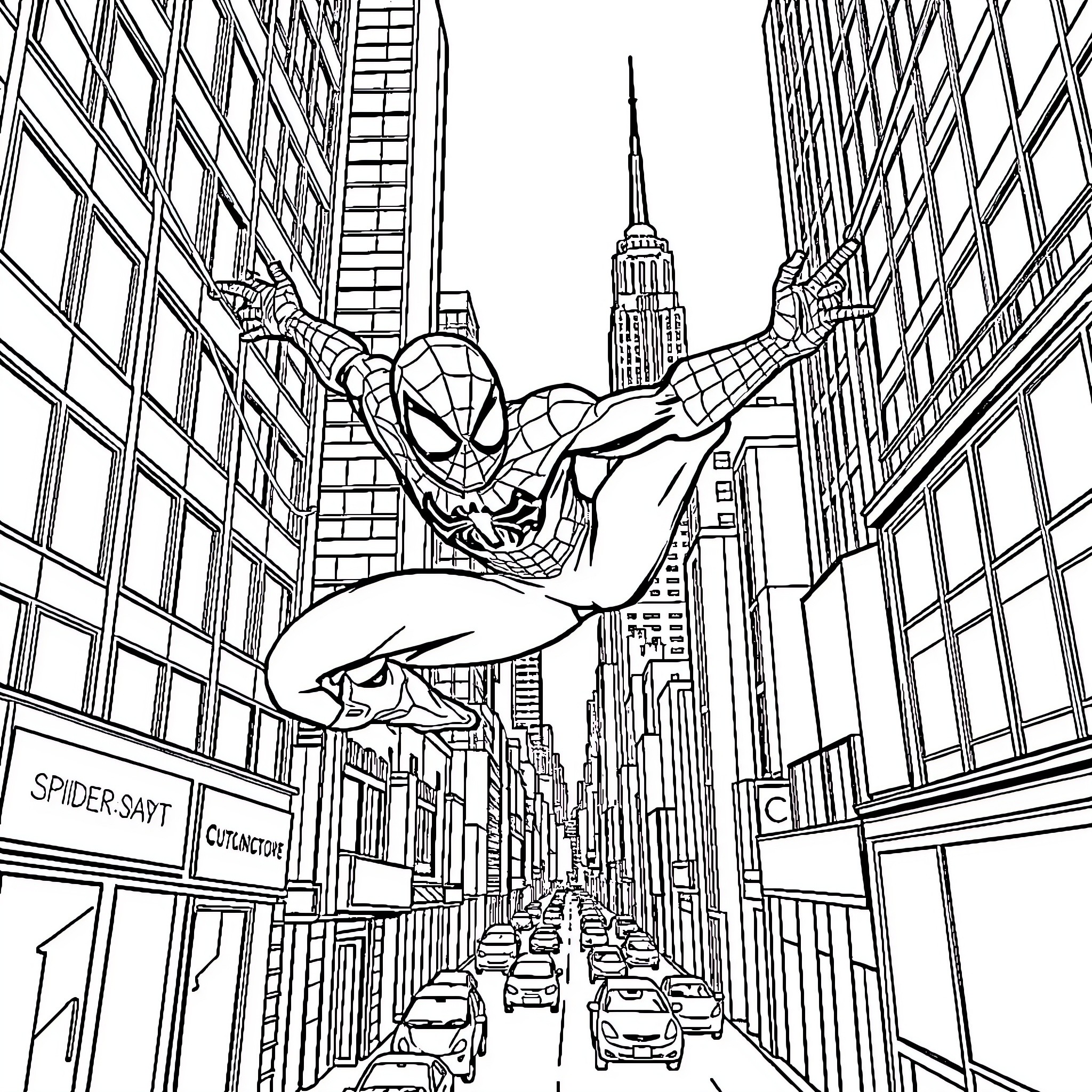 Spiderman swinging through the bustling New York City skyline Coloring Page (free black-and-white line drawing printable PDF for all, from beginners to advanced learners, including children, teens, adults, and seniors)