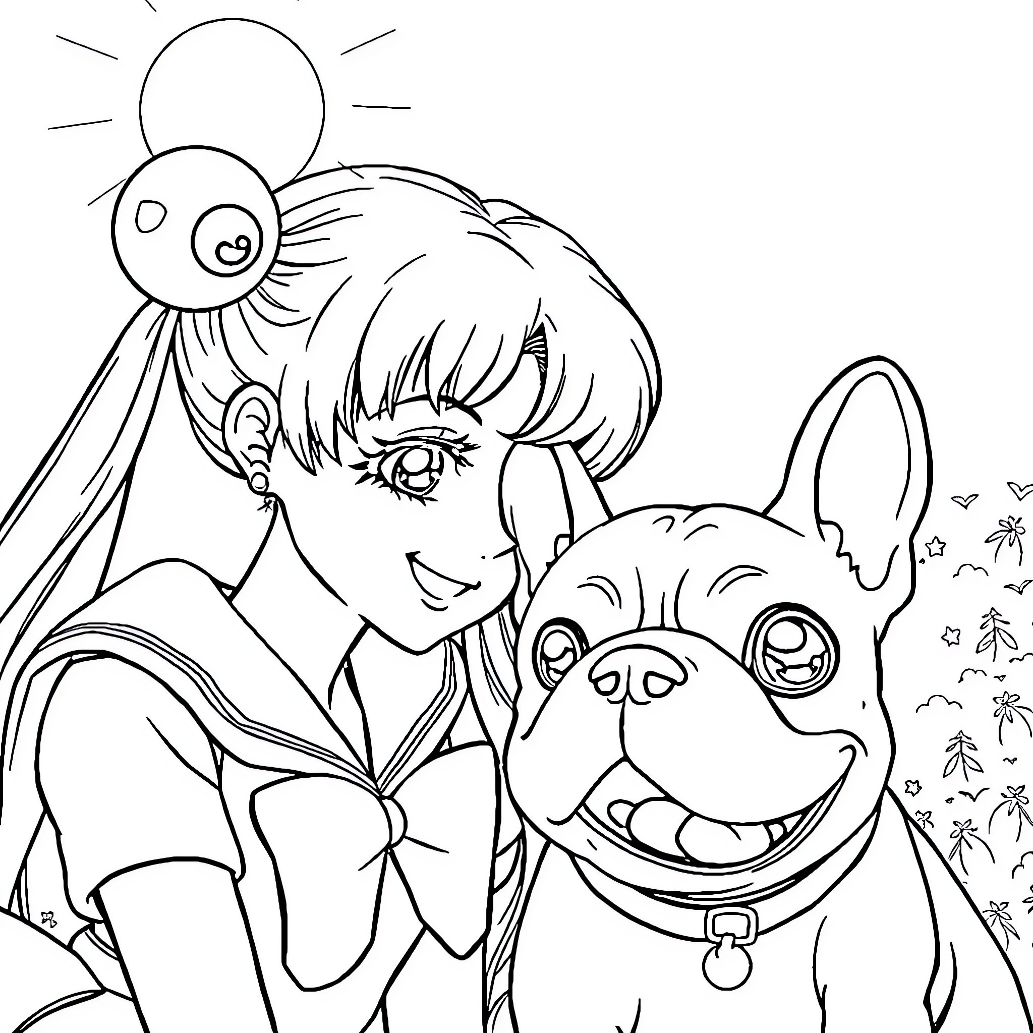 Sailor Moon and her Canine Companion Coloring Page (free black-and-white line drawing printable PDF for all, from beginners to advanced learners, including children, teens, adults, and seniors)
