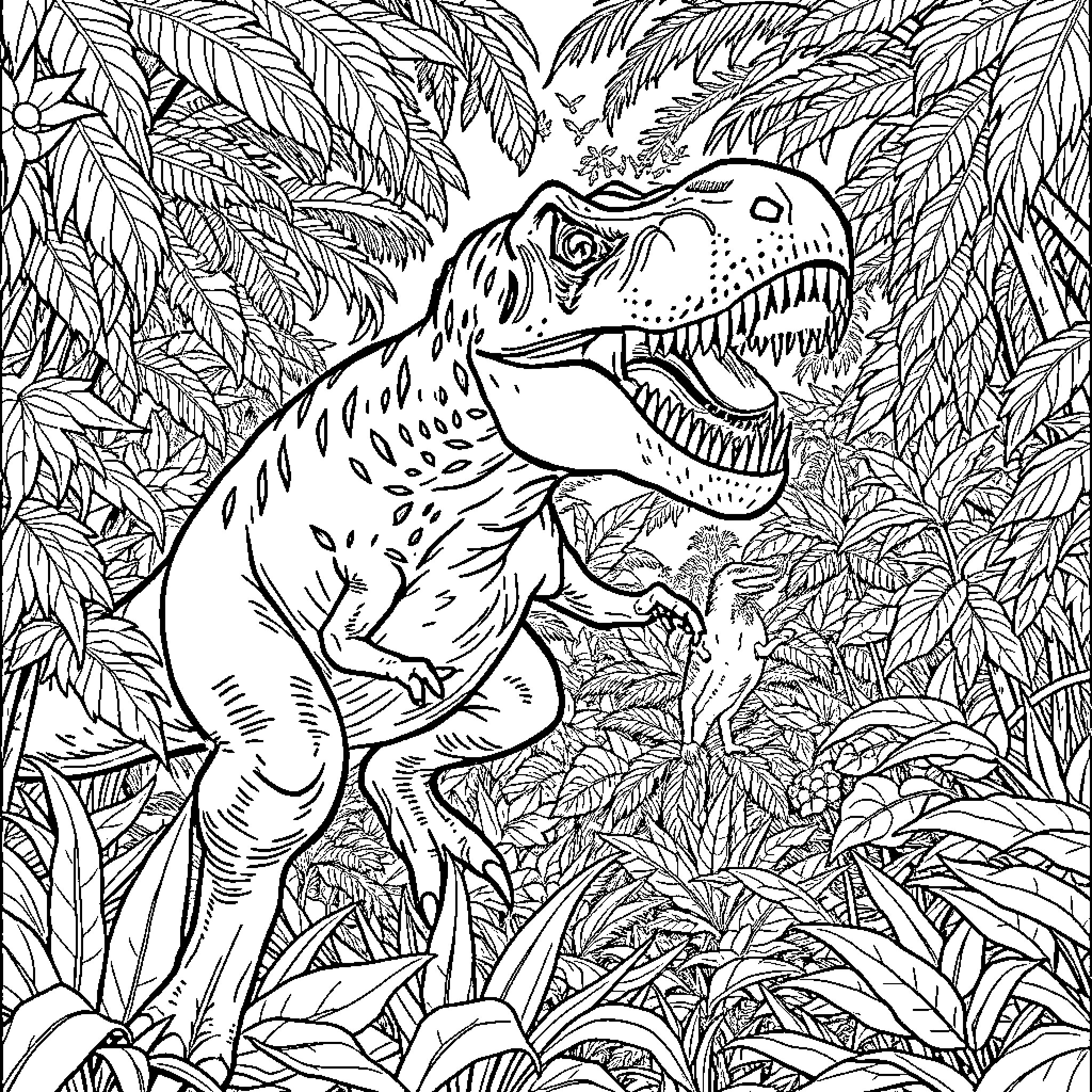 Indominus Rex Roaming Through Lush Jungle Foliage Coloring Page (free black-and-white line drawing printable PDF for all, from beginners to advanced learners, including children, teens, adults, and seniors)
