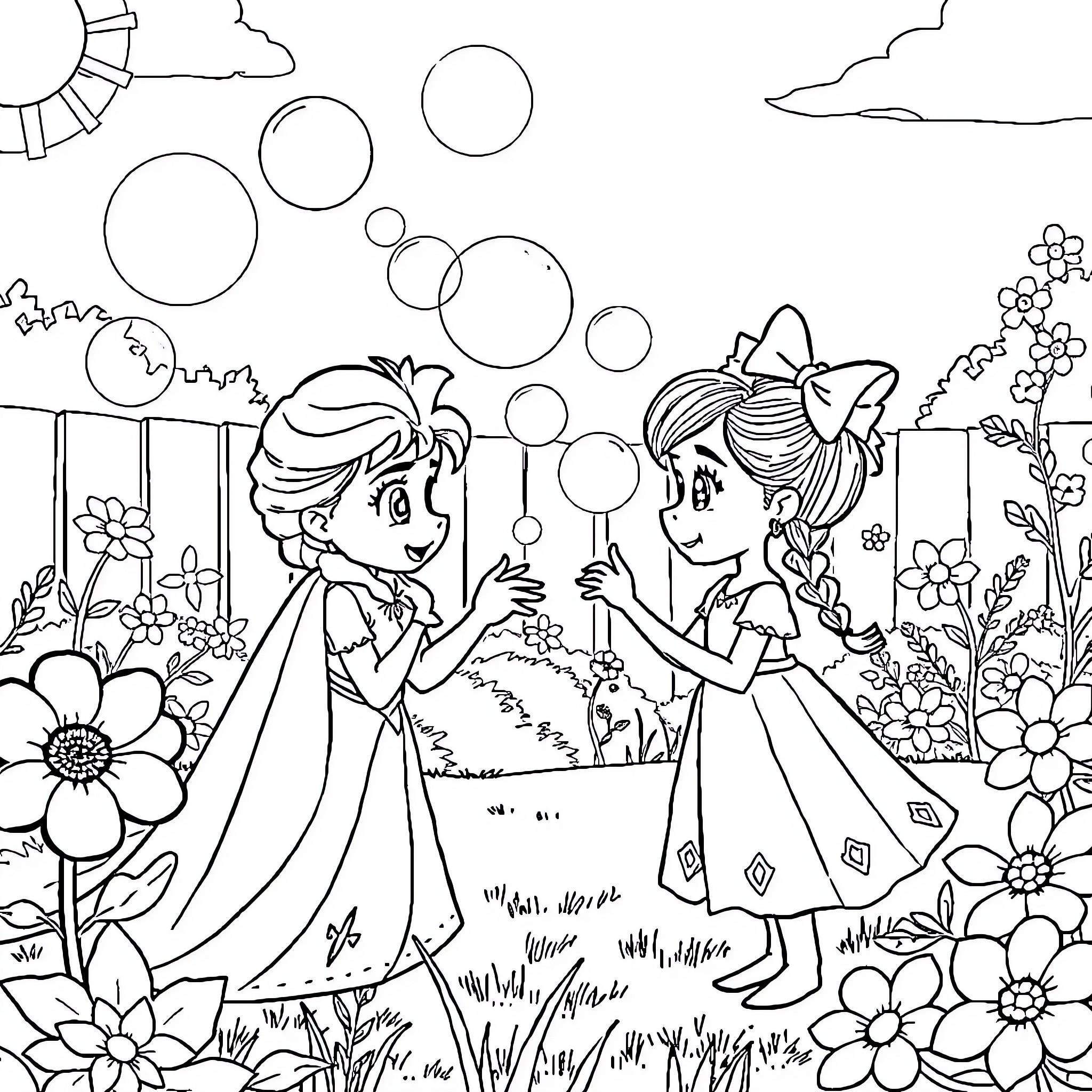 Frozen siblings playing with bubbles in a magical garden Coloring Page (free black-and-white line drawing printable PDF for all, from beginners to advanced learners, including children, teens, adults, and seniors)