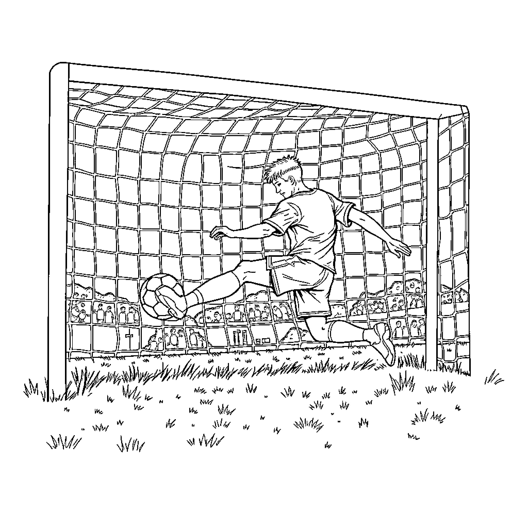 Football Player Scoring a Goal in a Crowded Stadium Coloring Page (free black-and-white line drawing printable PDF for all, from beginners to advanced learners, including children, teens, adults, and seniors)