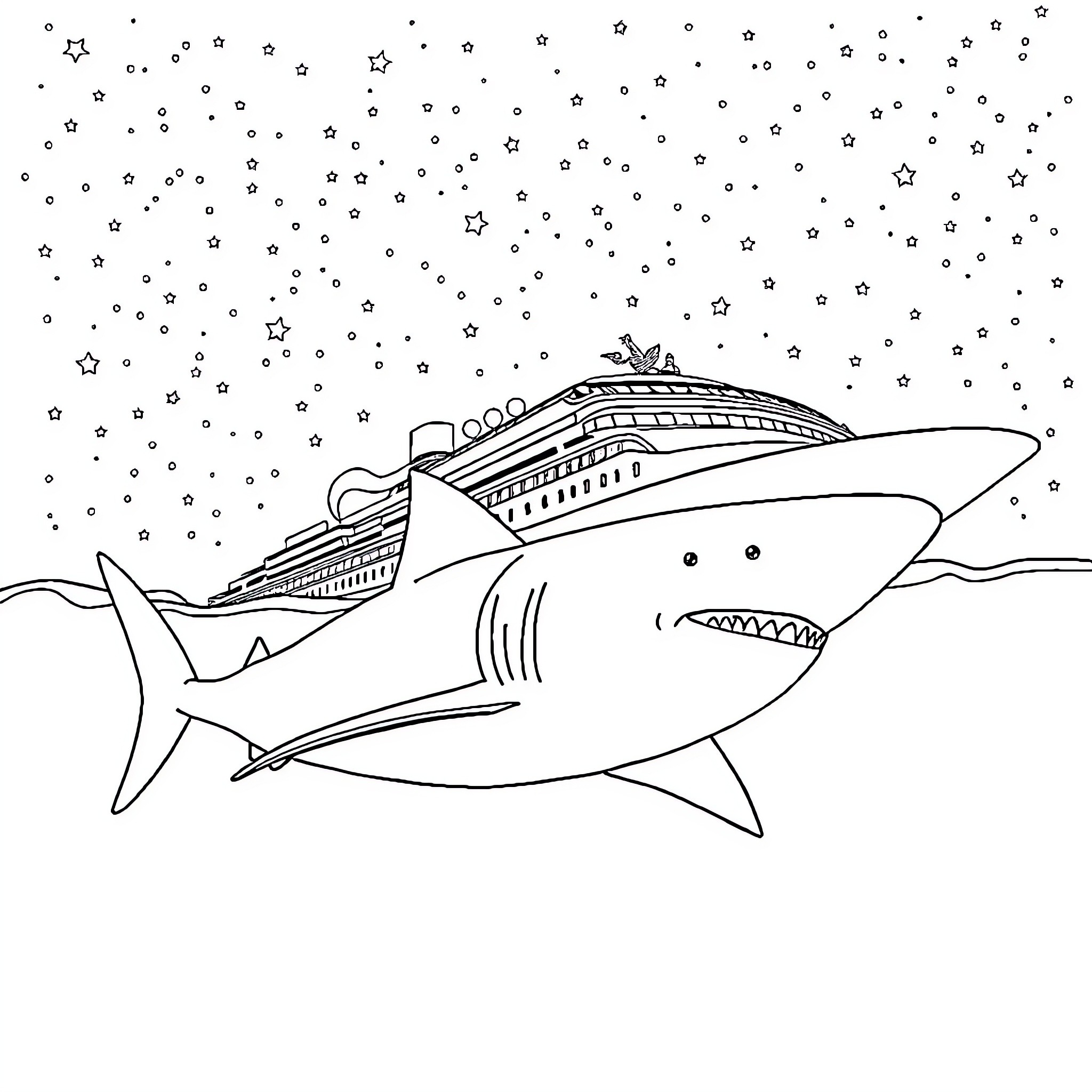 Shark chasing a cruise ship under the starry night sky Coloring Page (free black-and-white line drawing printable PDF for all, from beginners to advanced learners, including children, teens, adults, and seniors)